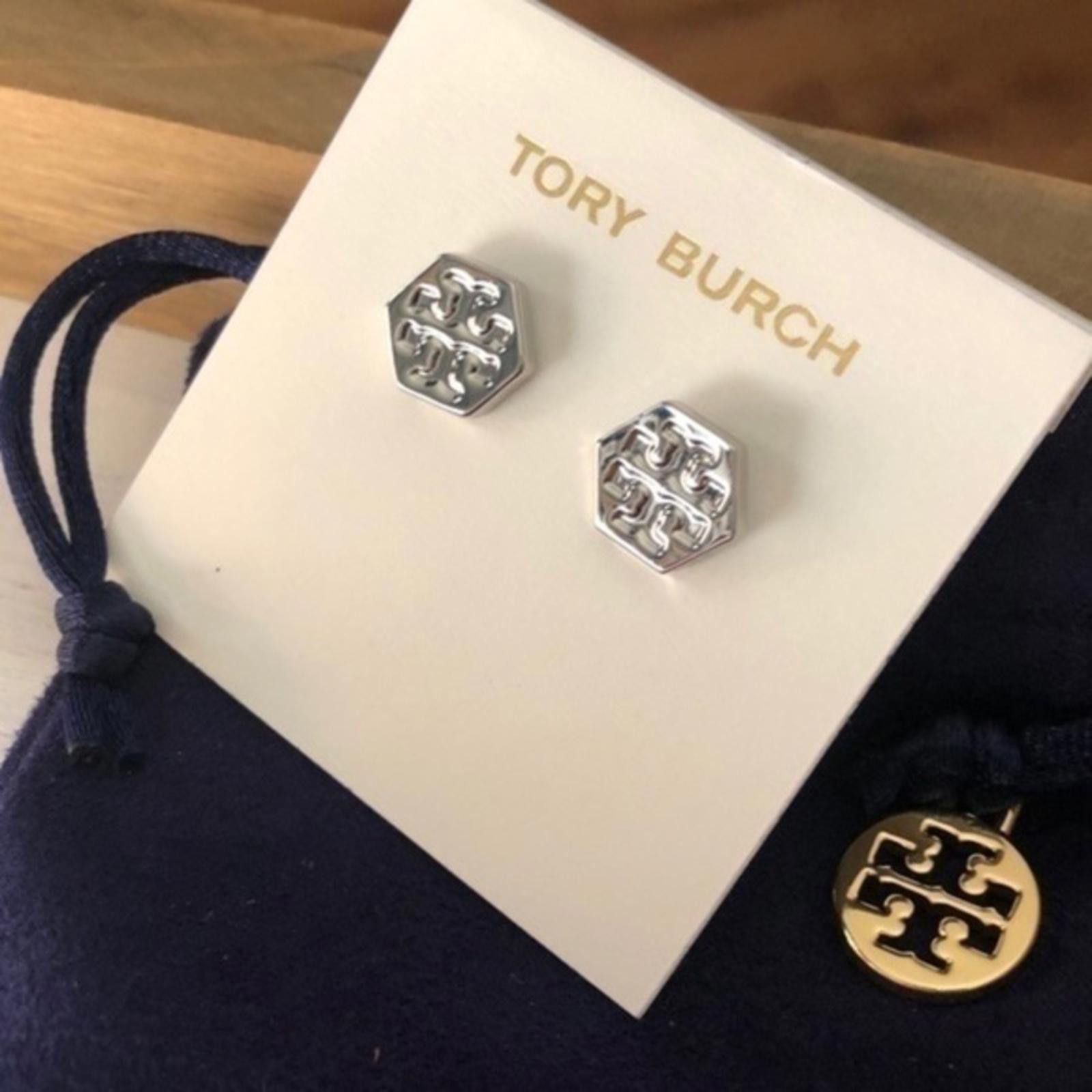 Designer Tory Burch Hexagon Stud Earrings - Elegant Silver Design Size ONE SIZE - 1 Thumbnail