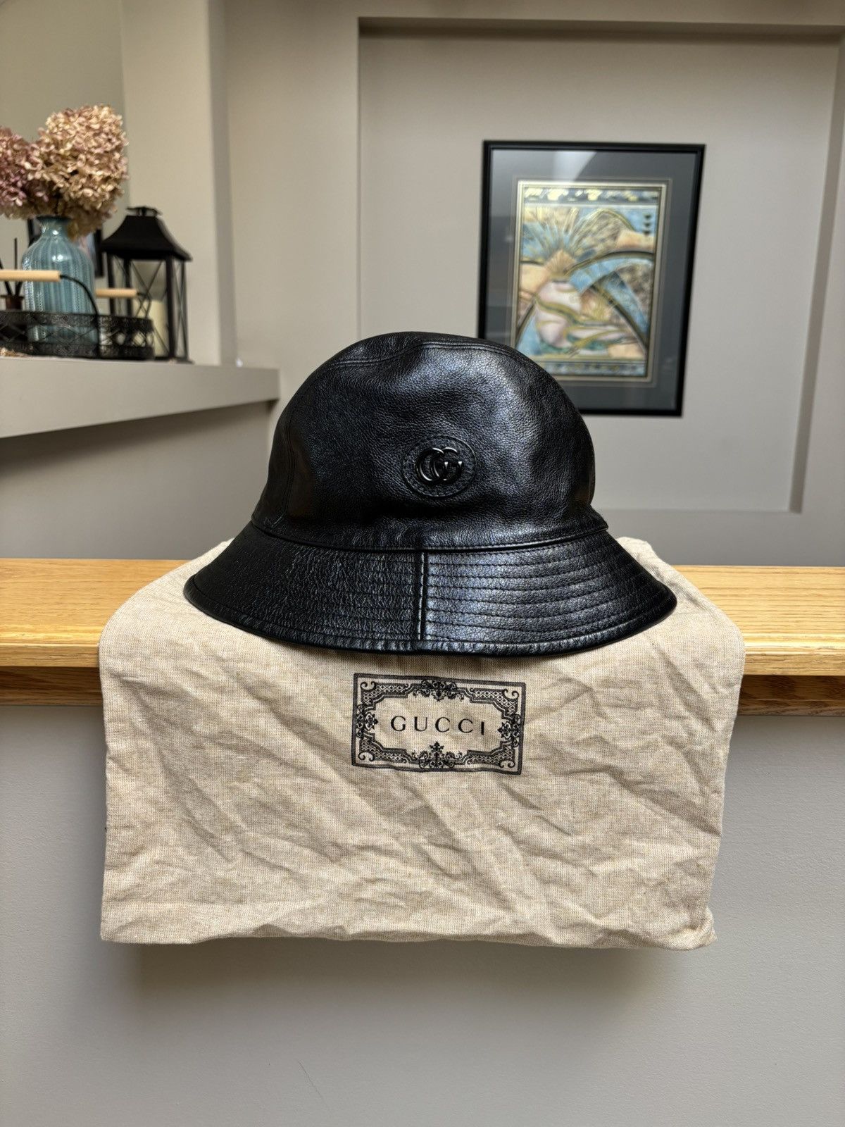 Gucci Gucci Black Leather ‘Double G’ Bucket Hat Size ONE SIZE - 1 Thumbnail
