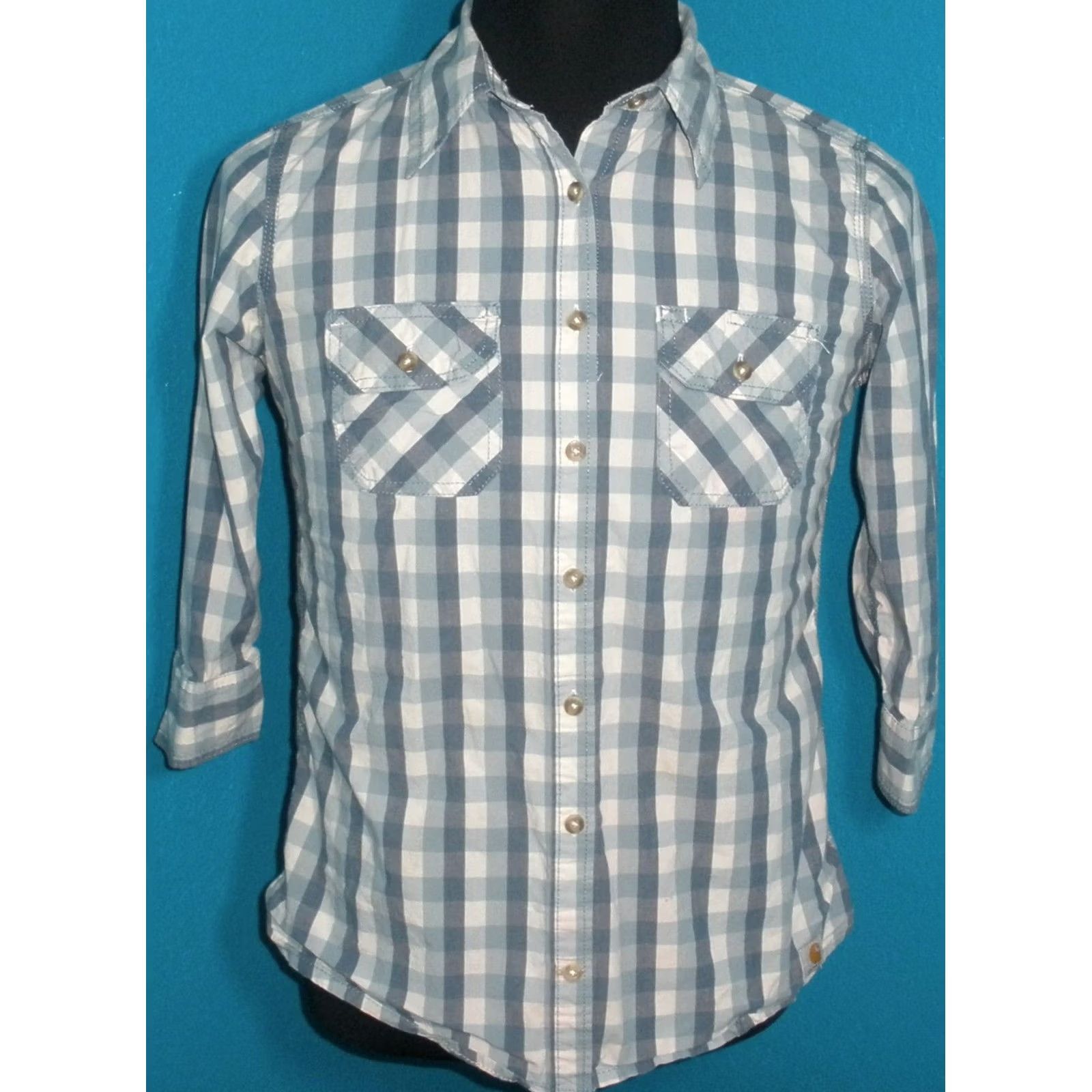 Carhartt Carhartt Women's Small Button Up Shirt Plaid Blue Roll Tab Sleeve 3/4 Sleeve Casual Shirt Size S / US 4 / IT 40 - 2 Thumbnail