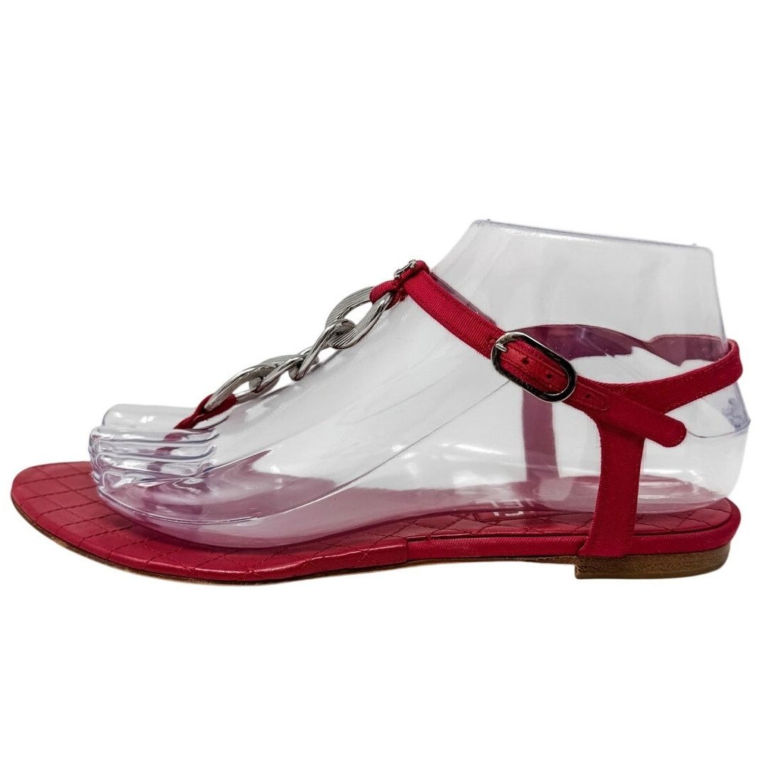 Chanel Chanel Red Silver Chain T Strap CC Logo Flat Sandals sz 37.5 Size US 7.5 / IT 37.5 - 9 Thumbnail