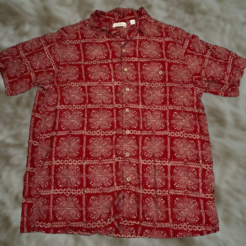 Vintage Caribbean Mens Button-Up Hawaiian Shirt 2XT Red Short Sleeve Collared Geometr Hawaiian 2XT Mens Shirts Red Short Sleeve Button-Up Gift Values Size US XXL / EU 58 / 5 - 1 Thumbnail