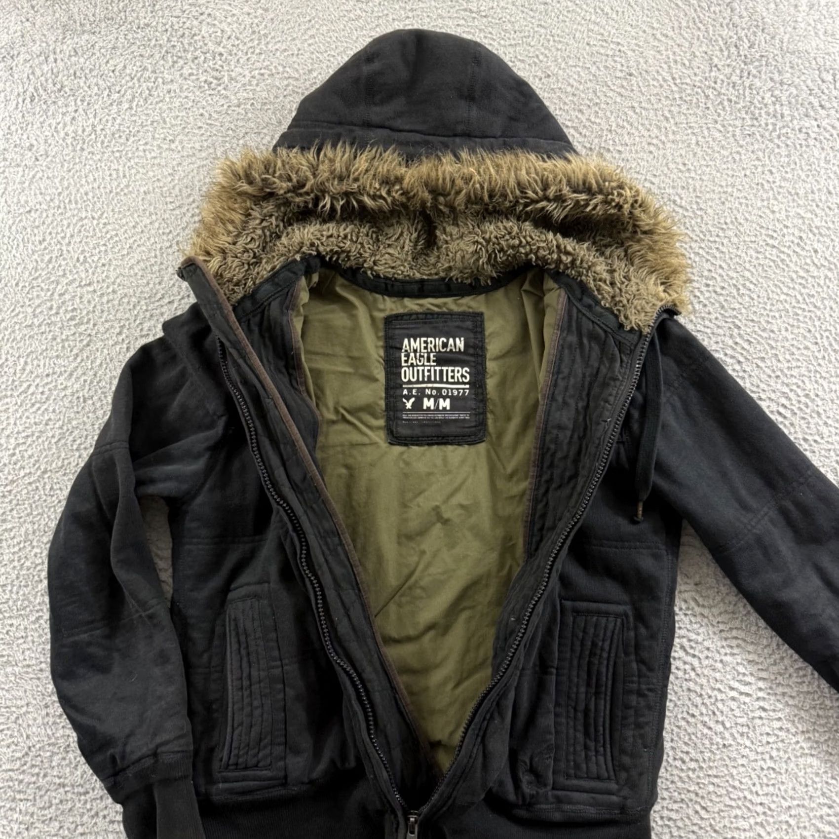 American Eagle Outfitters VINTAGE American Eagle Jacket Men’s M Black Hooded Bomber Zippered Mid-Length Wool? No, Cotton Exterior Size US M / EU 48-50 / 2 - 6 Thumbnail