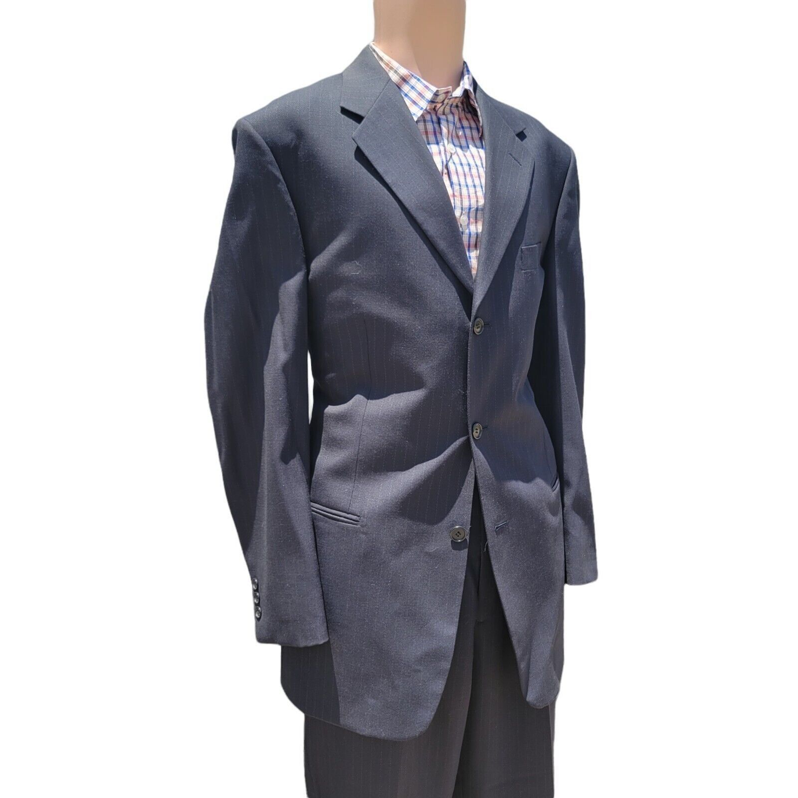 Dillard's Men's 3-Button Navy Suit with light gray pinstripe. Size 42L - 4 Thumbnail