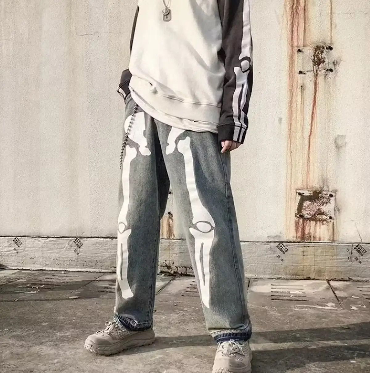 image of Japanese Style Punk Vintage Skeleton Jeans in Grey, Men's (Size 30)