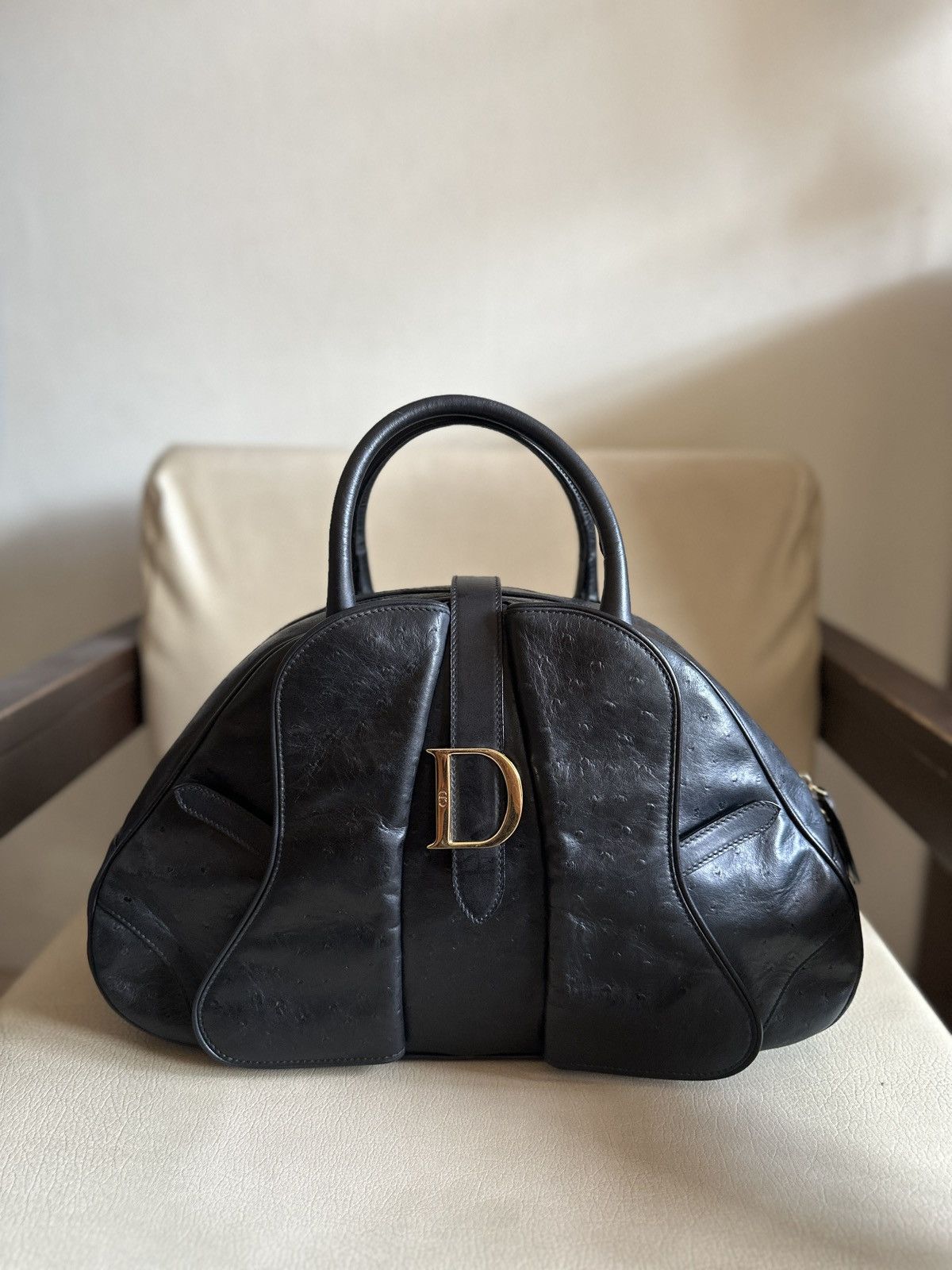 Fw2000 Dior Double Saddle Black Ostrich Leather Bag, Women's