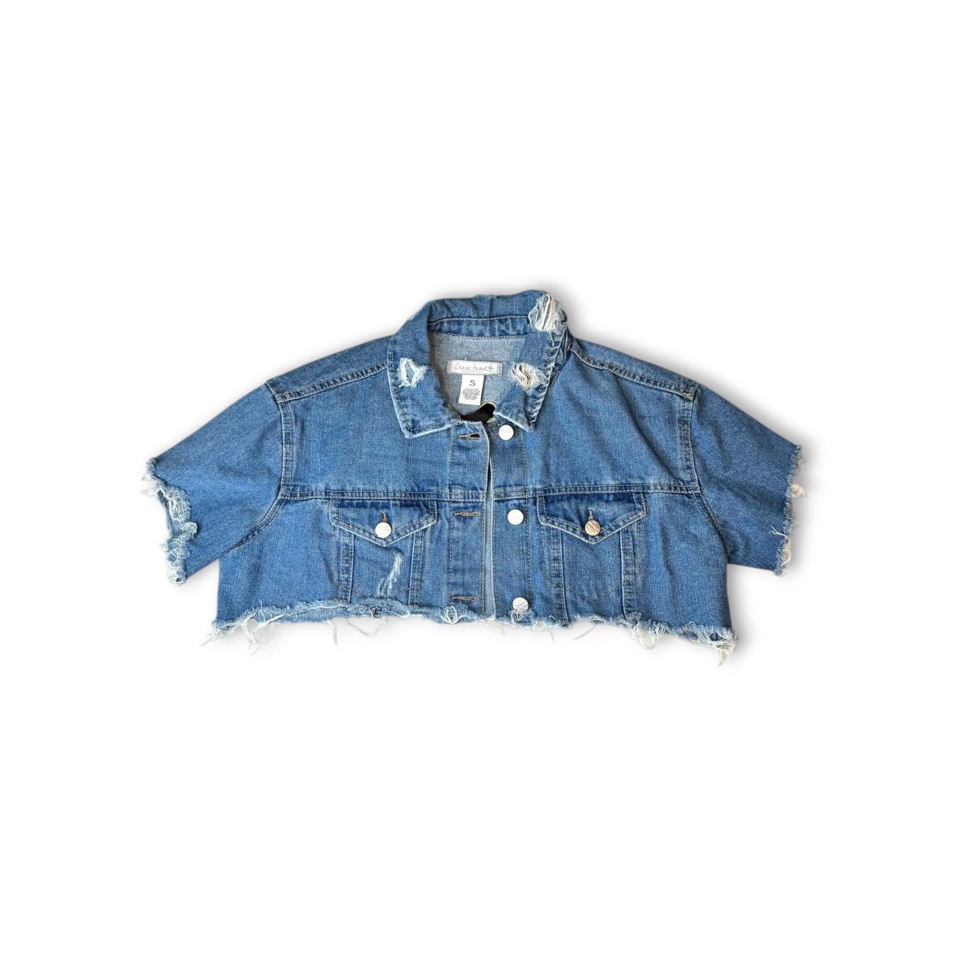 Almost Famous Crave Fame Denim Crop Jacket Distressed Hem Lace-Up Back Siz Size S / US 4 / IT 40 - 1 Thumbnail