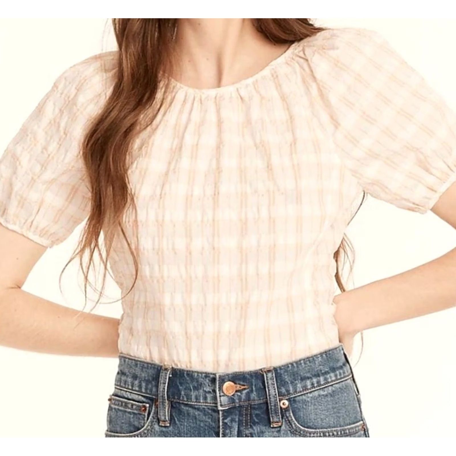 J.Crew J Crew Blouse Women's Size 10 Plaid V Back Puff Sleeve Textured Top Size L / US 10 / IT 46 - 2 Thumbnail
