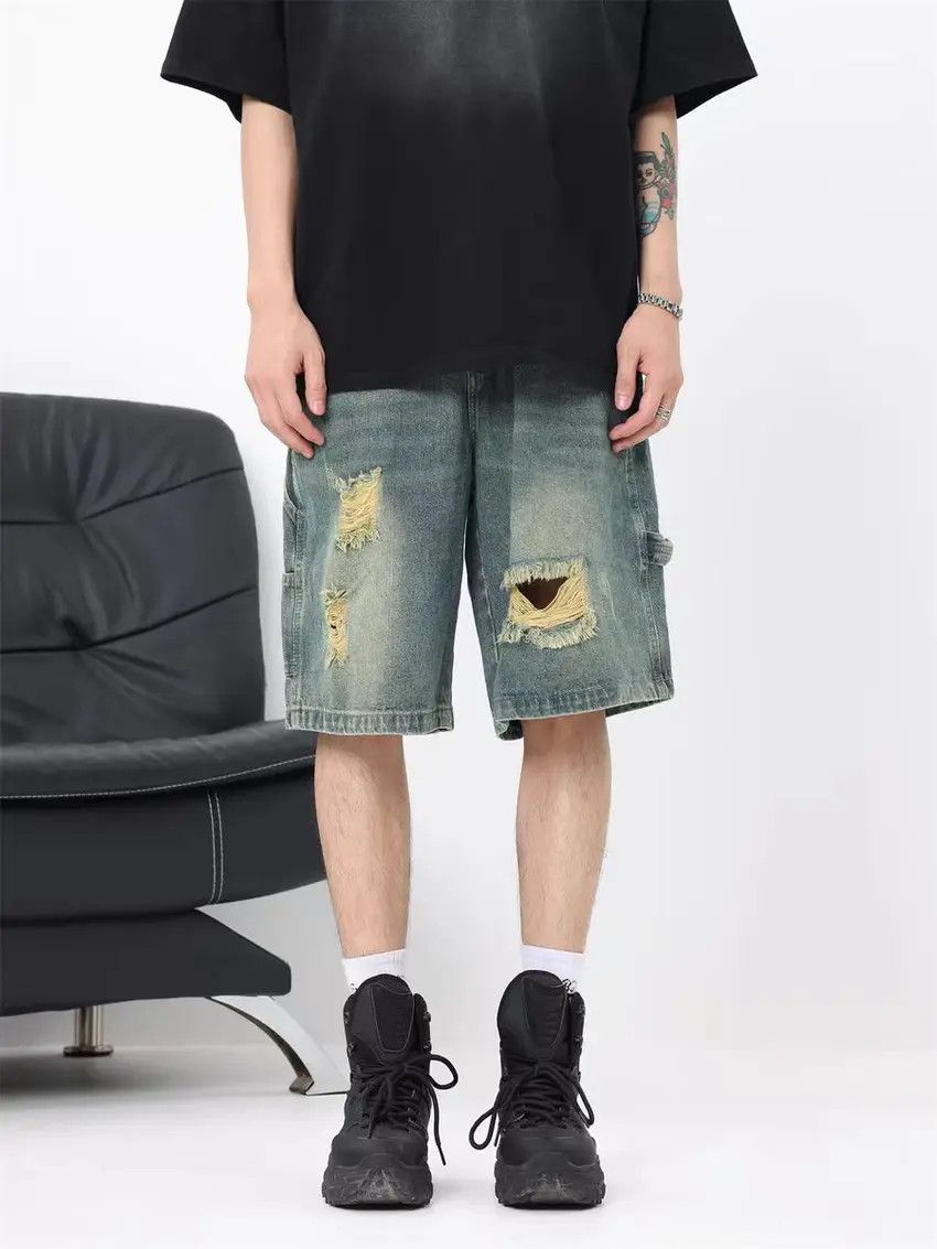Designer × Japanese Brand Washed Blue Harajuku Style Hole Breaking Loose Denim Shorts Size US 33 - 1 Thumbnail