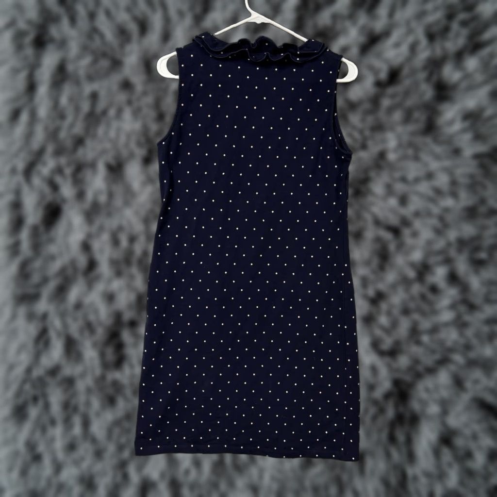 Talbots Talbots Dress Petite Small Polka Dot Ruffle Trim Retro Office Chic Sleeveless V-Neck Knee Length Cotton Spandex Sheath Blue Womens Size S / US 4 / IT 40 - 1 Thumbnail