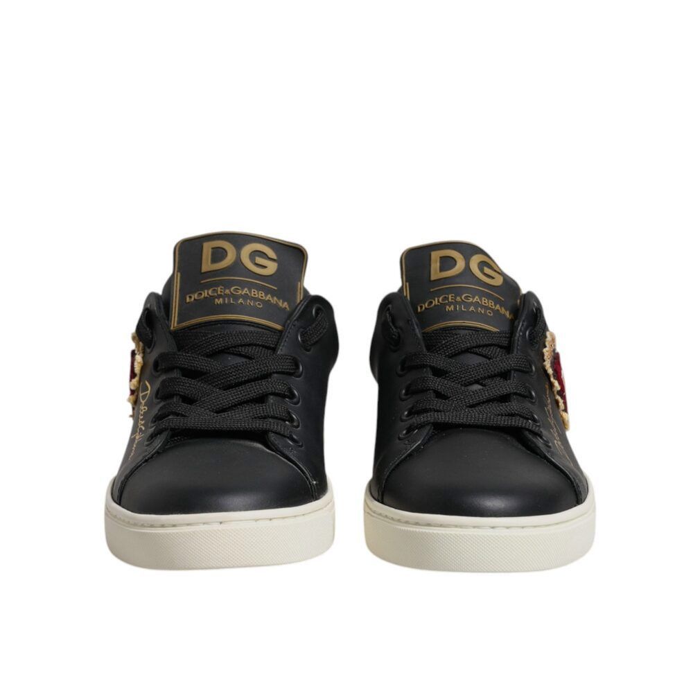 Dolce & Gabbana Dolce & Gabbana Black Leather Gold Red Heart Sneakers Shoes Size US 5 / IT 35 - 2 Thumbnail