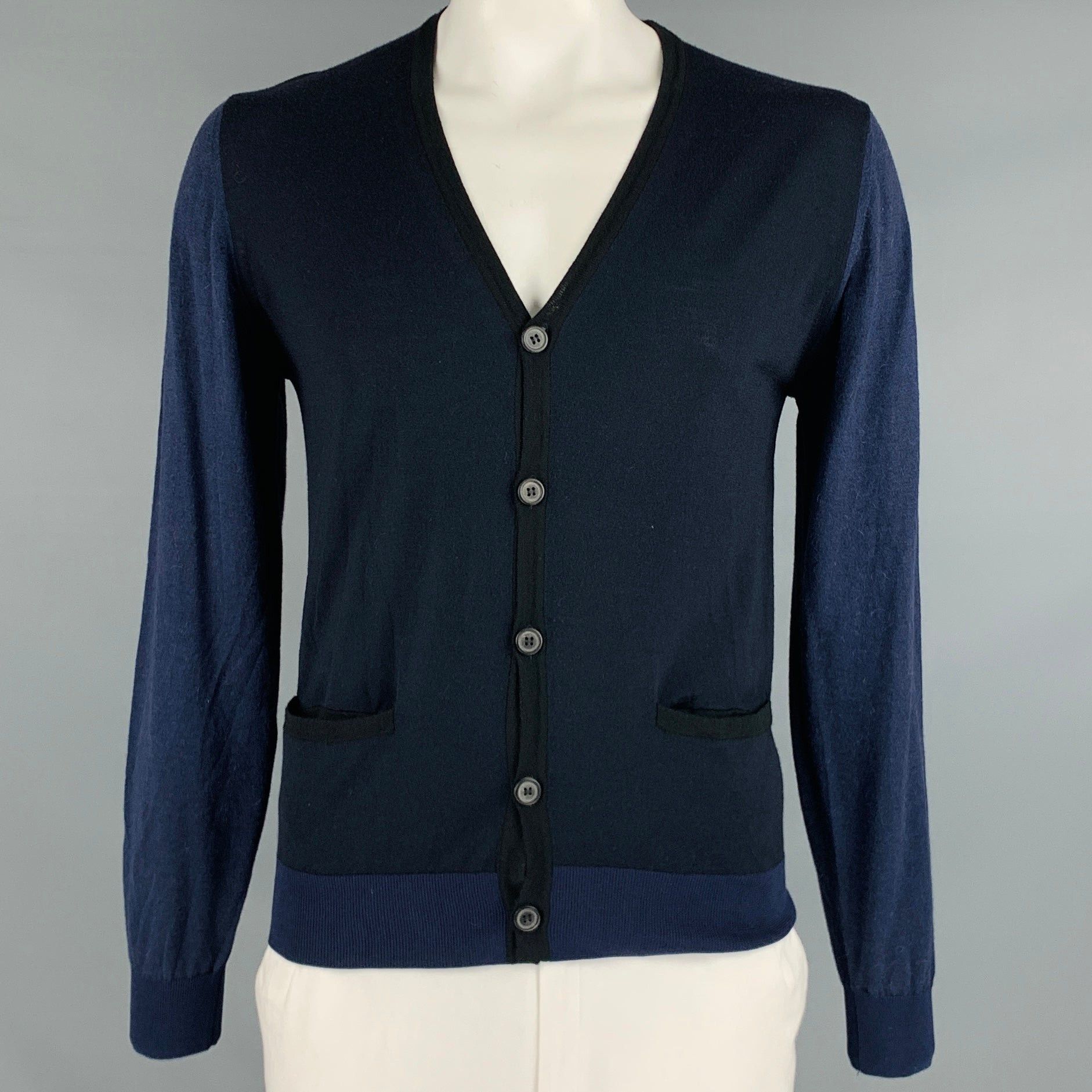image of Lanvin Black Purple Color Block Wool Vneck Cardigan, Men's (Size Large)