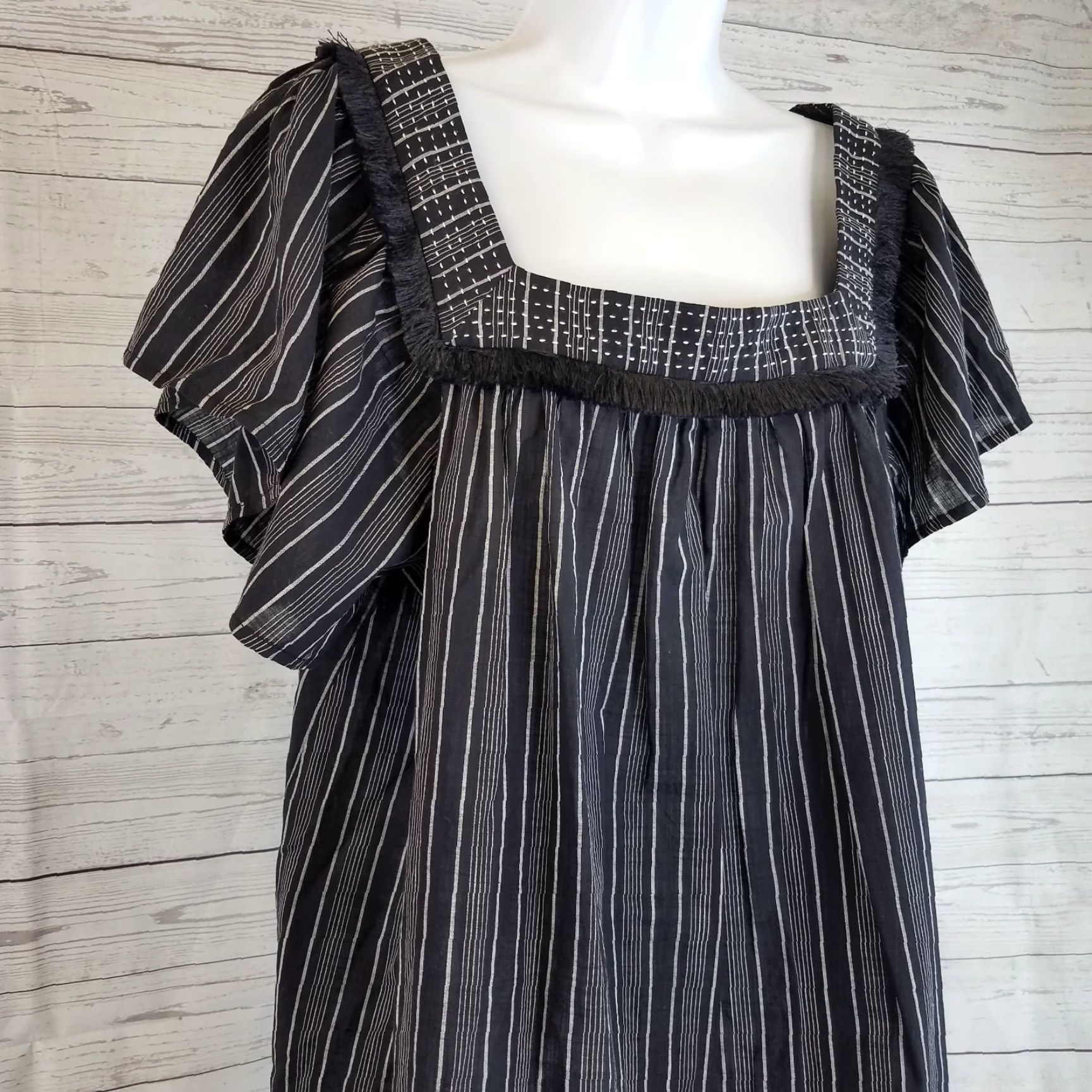 Vintage Isabel Maternity Womens Top Sz Large Black Striped Fringe Cotton Square Neck Size L / US 10 / IT 46 - 2 Thumbnail