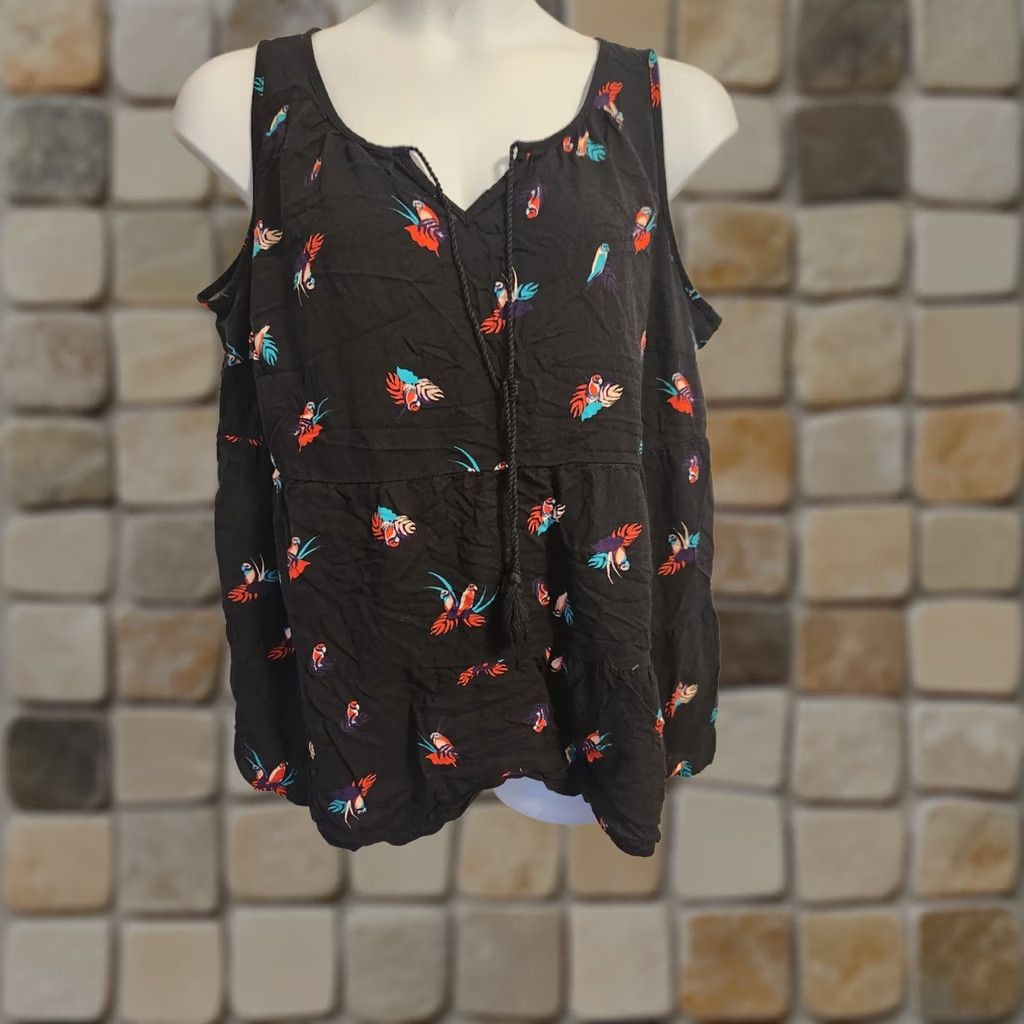 Vintage Evri Black Floral Print Tank Top 1X Ruffle Hem Tassels Casual Size XL / US 12-14 / IT 48-50 - 1 Thumbnail