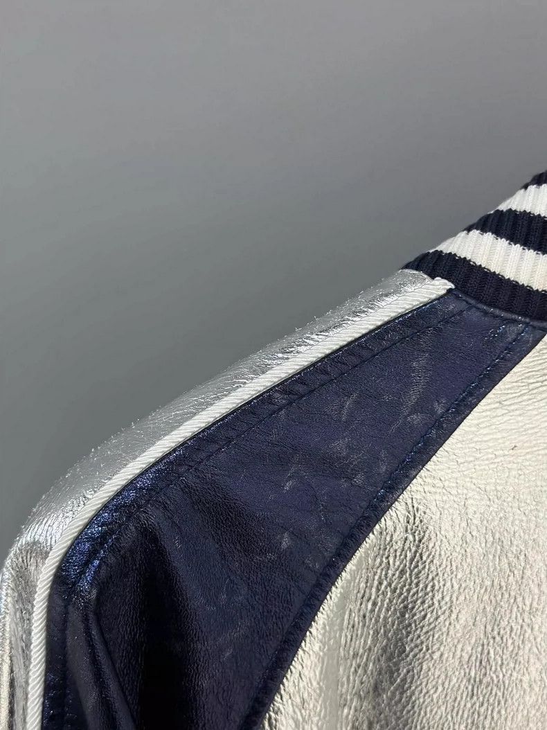 Balmain Silvery Bomber Jacket with Navy Accents- Size US L / EU 52-54 / 3 - 5 Thumbnail