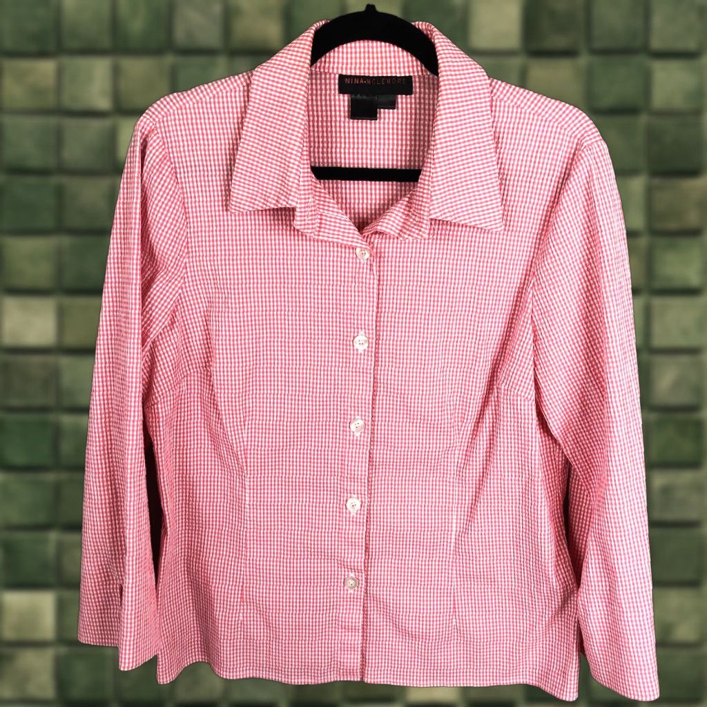 Vintage Nina McLemore Top Womens 12 Pink White Check Seersucker Stretch Preppy Classic Shirt Size XL / US 12-14 / IT 48-50 - 1 Thumbnail