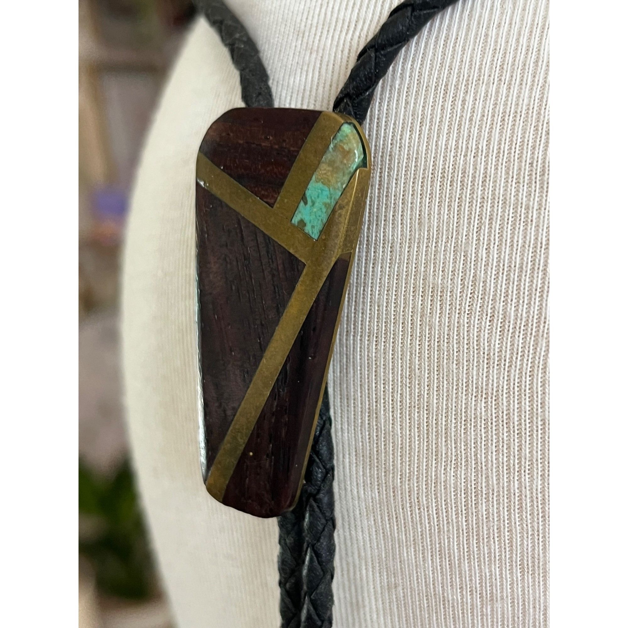 Other Handcrafted Wood & Brass Bolo Tie With Turquoise Inlay Size 36 - 2 Thumbnail