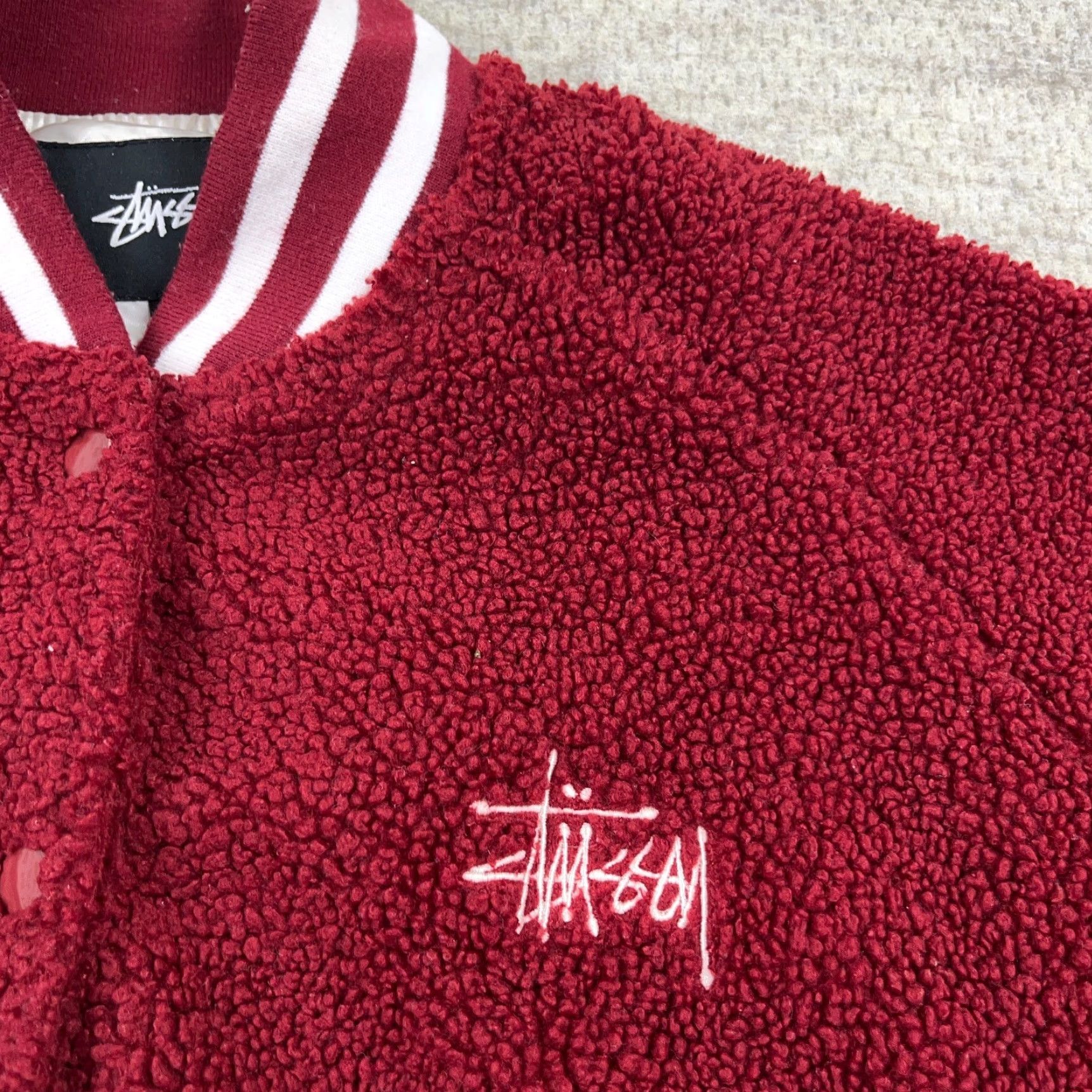 Etro Stussy Varsity Jacket Women Small Red Burgundy Sherpa Deep Pile Retro Snap Micah Size S / US 4 / IT 40 - 3 Thumbnail