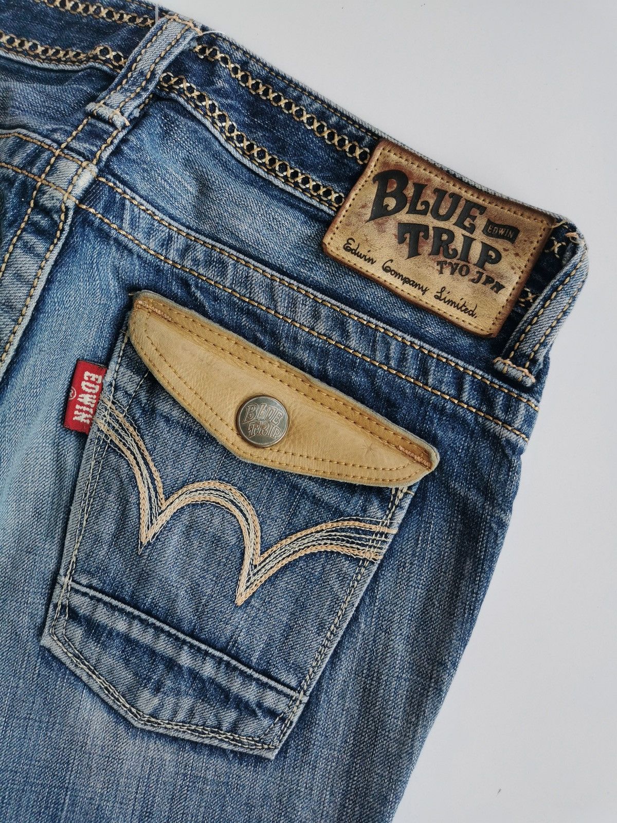 Edwin Edwin Blue Trip Leather Trim Distressed Jeans Size 29" - 10 Thumbnail