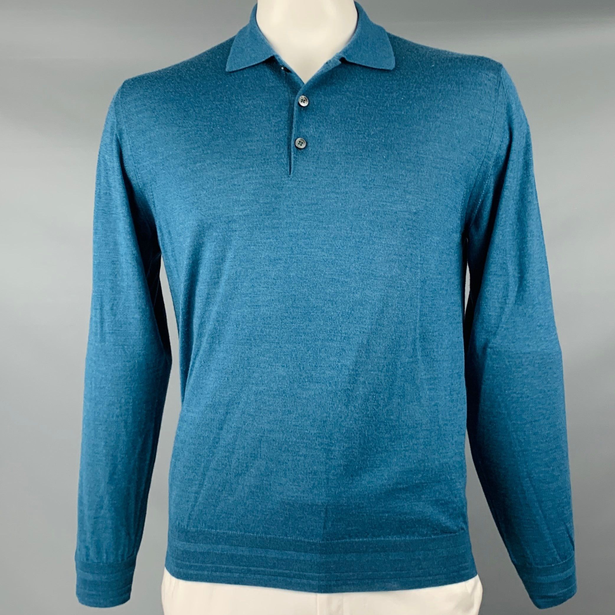 image of Brioni Teal Knit Wool Silk Cashmere Polo Pullover, Men's (Size XL)