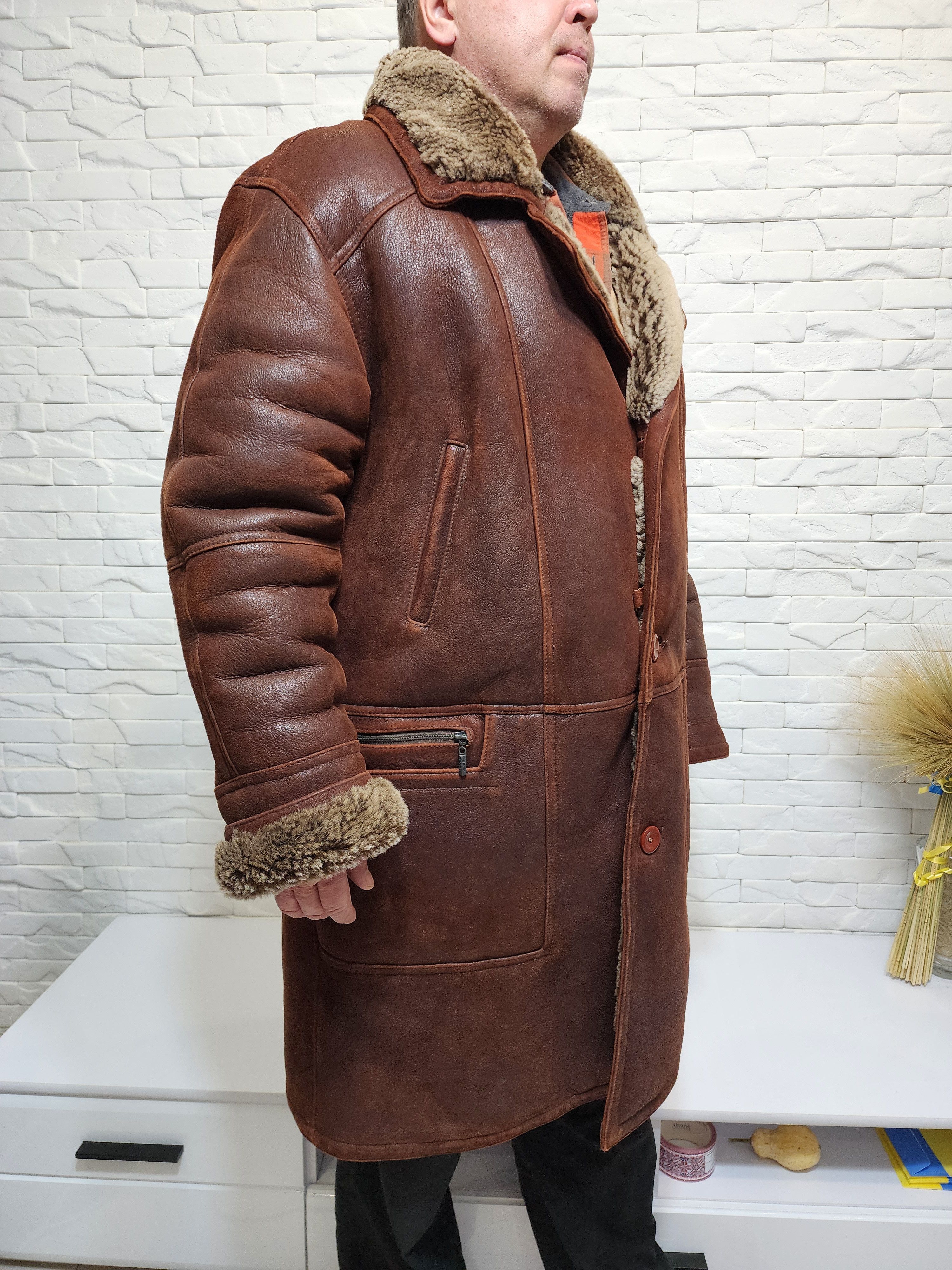 Genuine Leather Men's Brown Sheepskin Coat: Genuine Fur, Button Closure Size US XXL / EU 58 / 5 - 4 Thumbnail