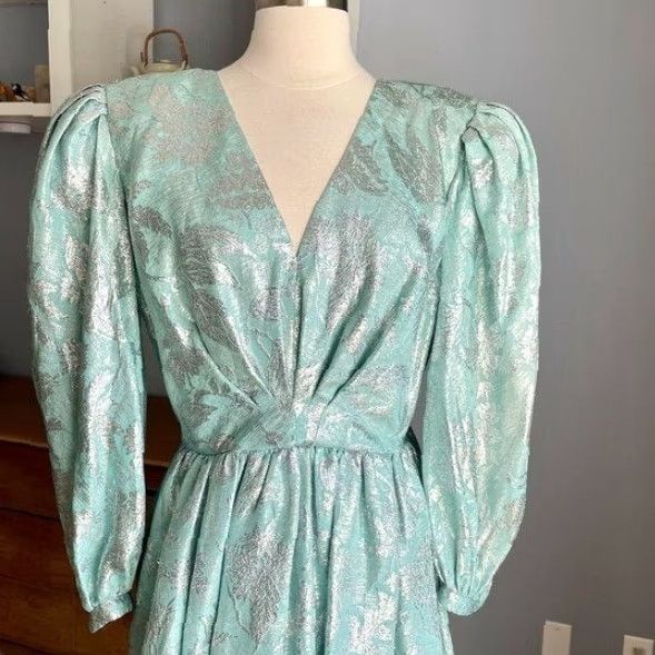 Vintage VINTAGE Diane Dickinson Cocktail Dress 12 Blue 1980s Silk Brocade Puff Sleeves Eveningwear Mens Womens Girls Size XL / US 12-14 / IT 48-50 - 6 Thumbnail