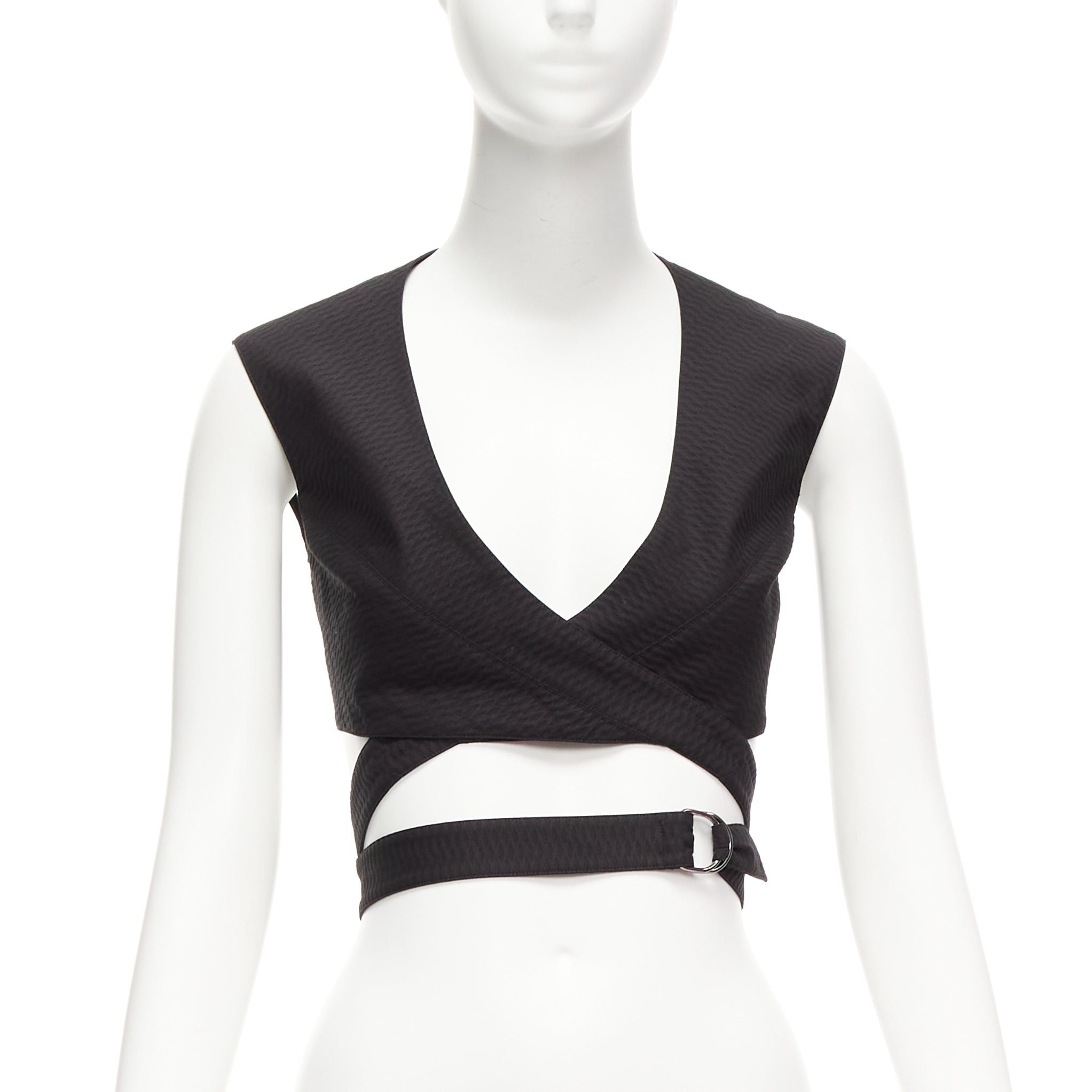 image of Alaia Black Cotton Textured Jacquard Wrap Tie Belt Buckle Crop Top Fr36 S, Women's (Size Small)