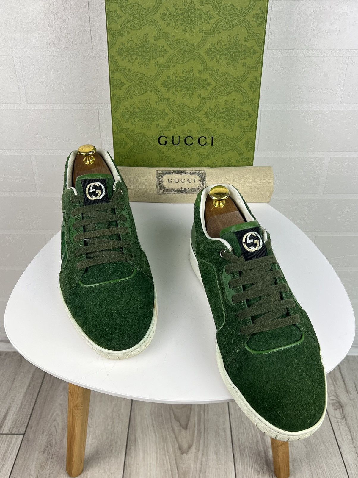 GUCCI Sneakers Suede Low Top INTELOCKING GG Logo Green Men's