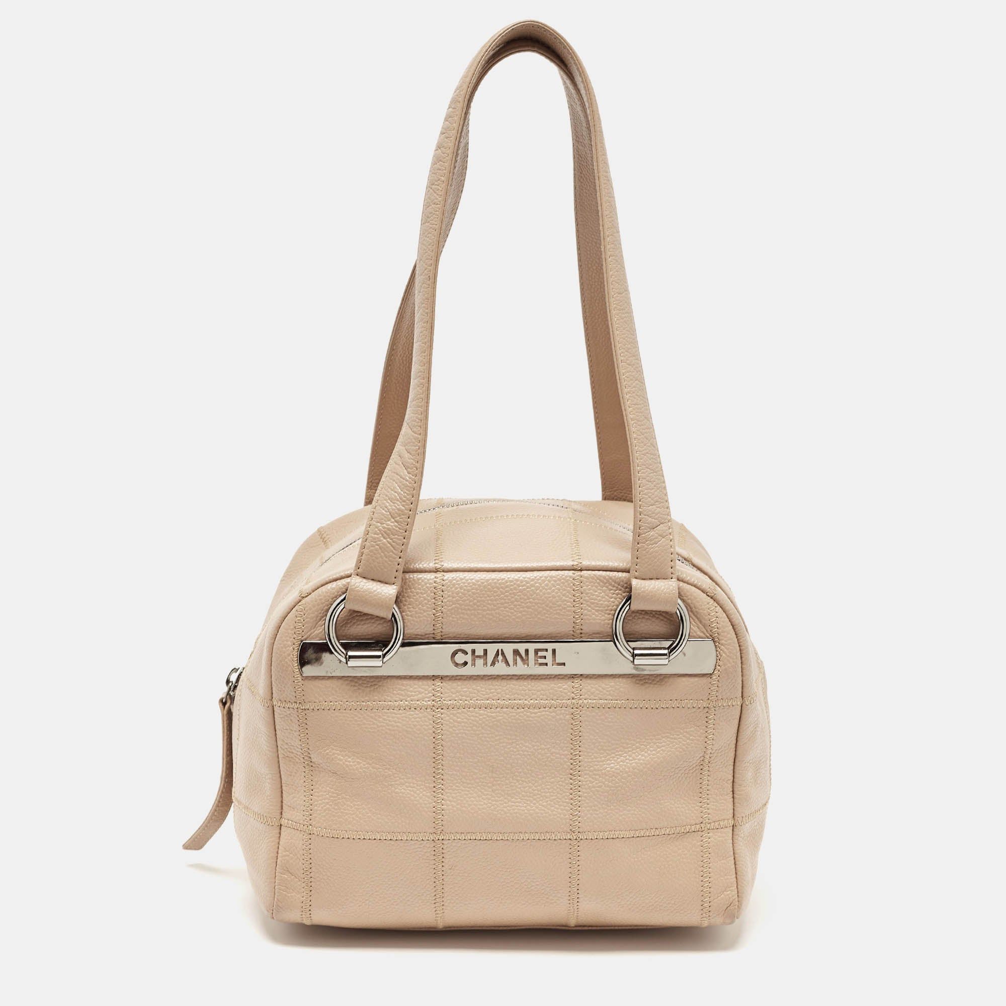 image of Chanel Beige Square Quilt Caviar Leather Lax Bowler Bag in White, Women's