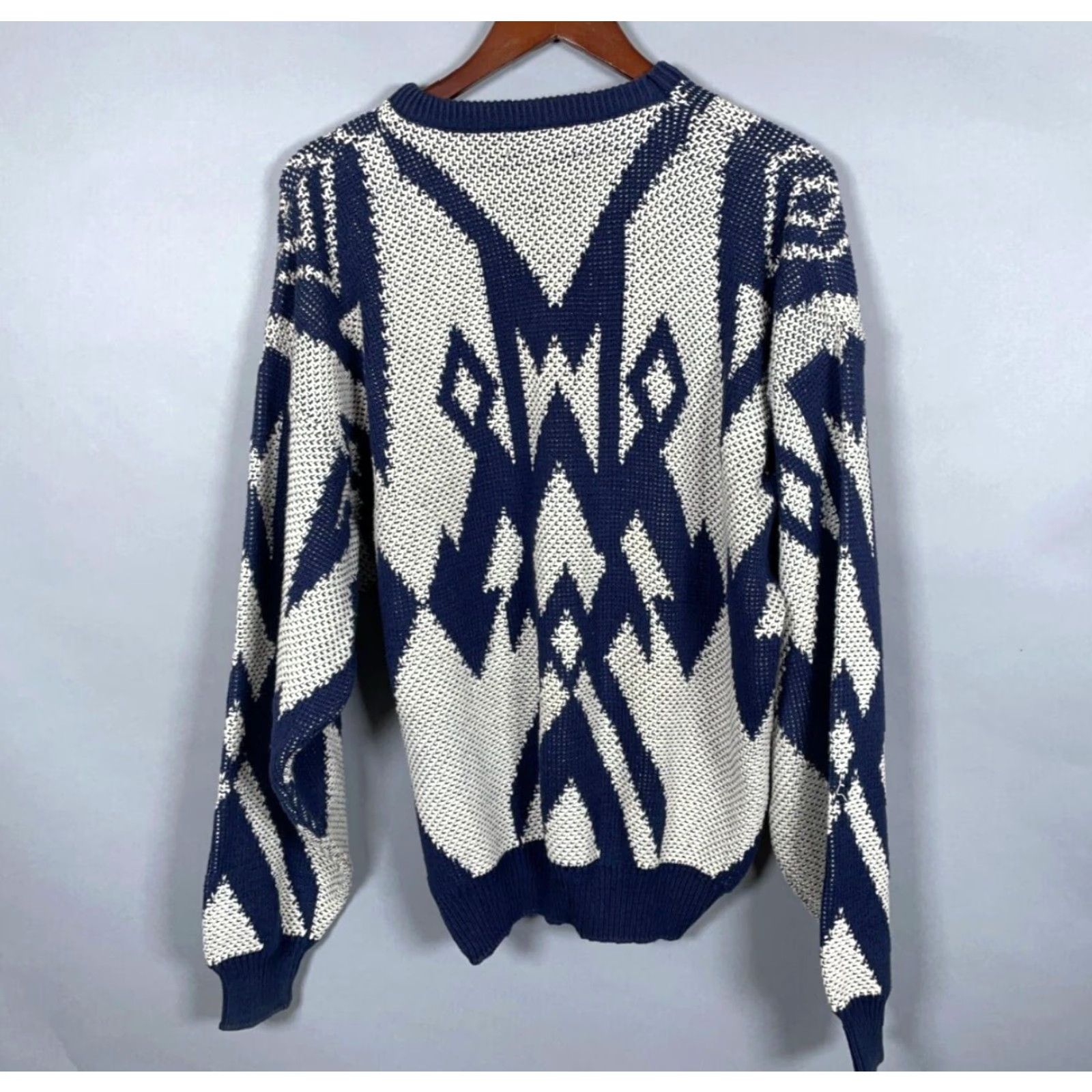 Jantzen VINTAGE Jantzen Geometric Chunky Knit Sweater Adult XL Ivory Dark Blue Cotton Mens Size US XL / EU 56 / 4 - 3 Thumbnail