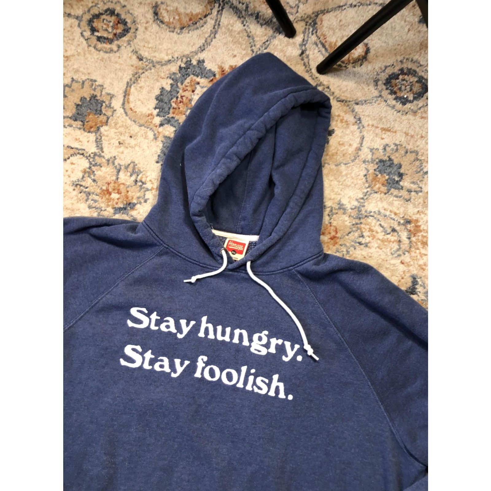 Vintage Homage Hoodie Sweatshirt Mens 3XL Blue Stay Hungry Stay Foolish Pullover Raglan Hooded Pockets Graphic Print Fleece Size US XXL / EU 58 / 5 - 6 Thumbnail