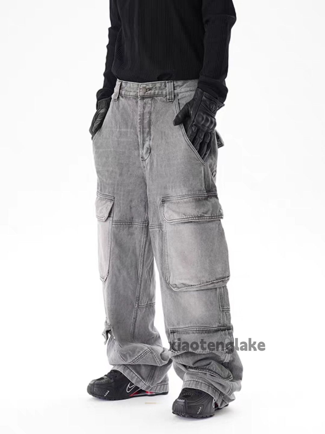 unisex washed faded loose baggy skate cargo jeans