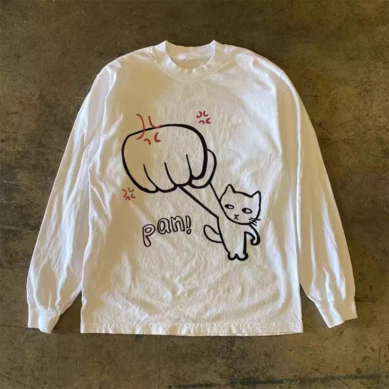 Vintage White washed retro cute cat print long-sleeved t-shirt Size US M / EU 48-50 / 2 - 1 Thumbnail