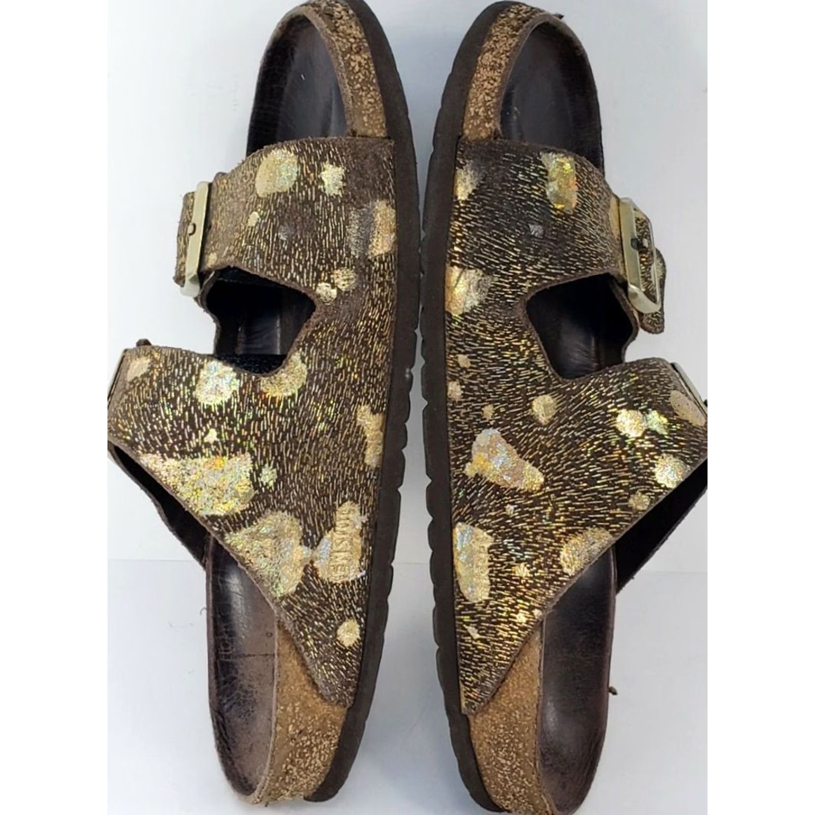Birkenstock Birkenstock Arizona Big Buckle Brown Gold Speck Leather Slide Sandals 9M 40Euro Womens Casual Comfort Size US 9 / IT 39 - 7 Thumbnail