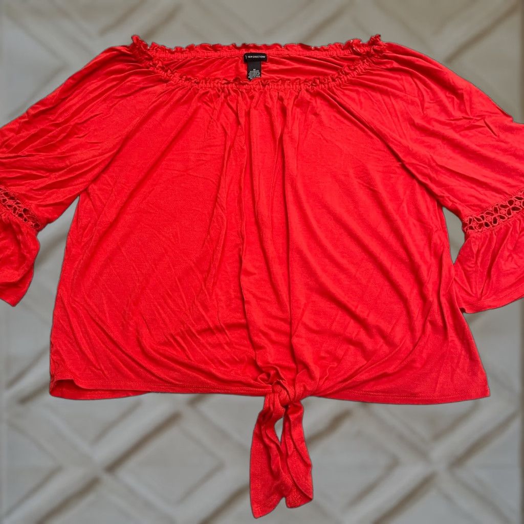 Vintage New Directions Cropped Knot Top Shirt Women M Red Off Shoulder Bell Sleeve Casual Modern Beach 90s Womens Size M / US 6-8 / IT 42-44 - 1 Thumbnail