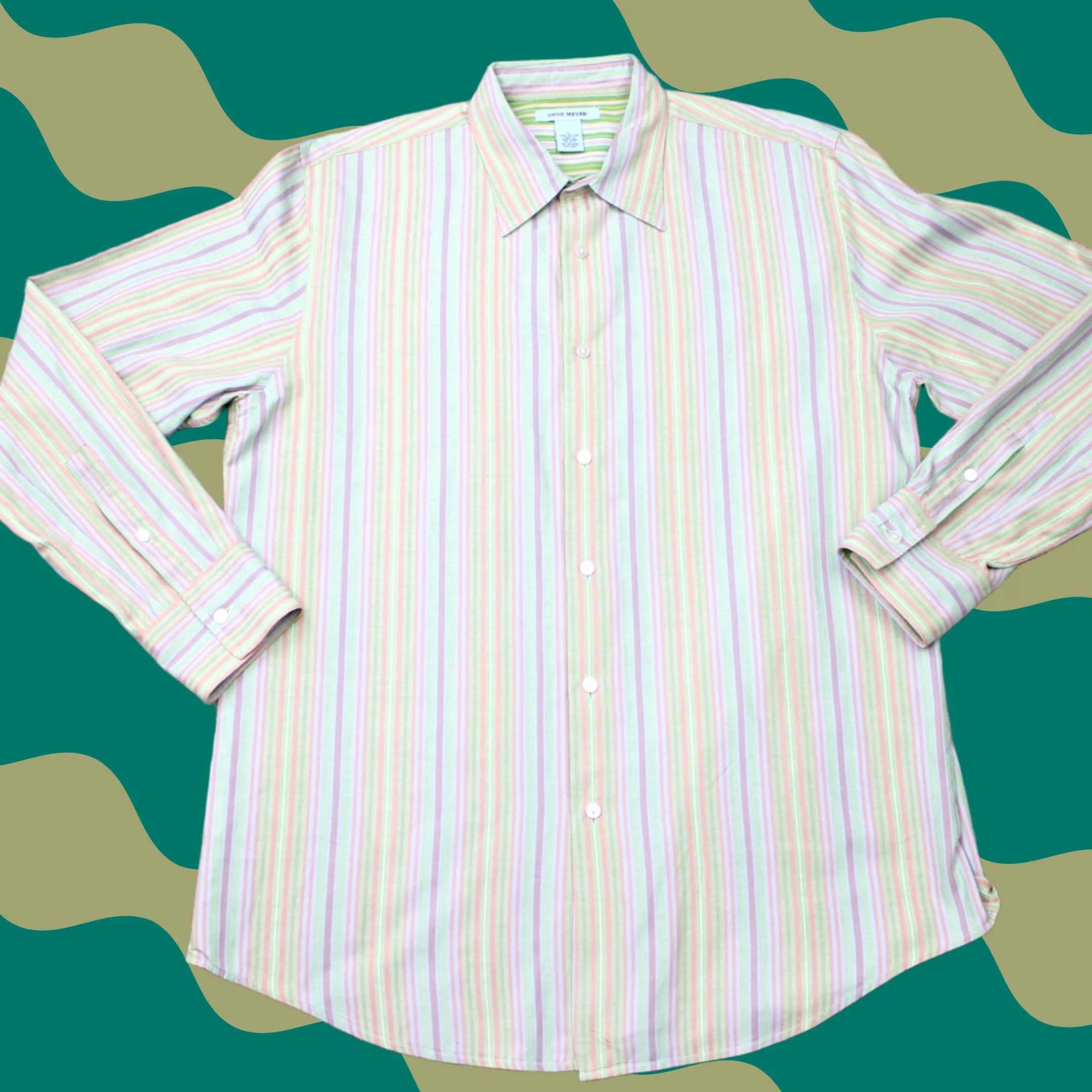 Vintage Gene Meyer Shirt Mens Large Green/Orange/Purple Striped Cotton Button-Up L/S Size US L / EU 52-54 / 3 - 1 Thumbnail