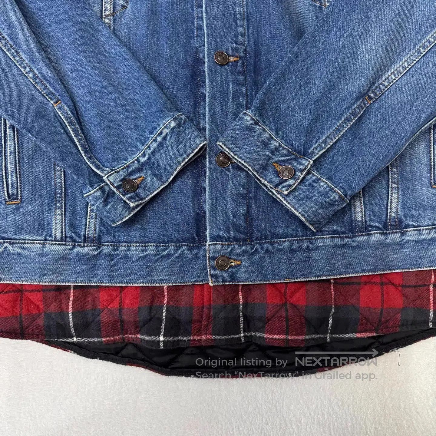 Balenciaga Blue Denim Jacket with Green Hood and Plaid Lining. Size US XL / EU 56 / 4 - 5 Thumbnail