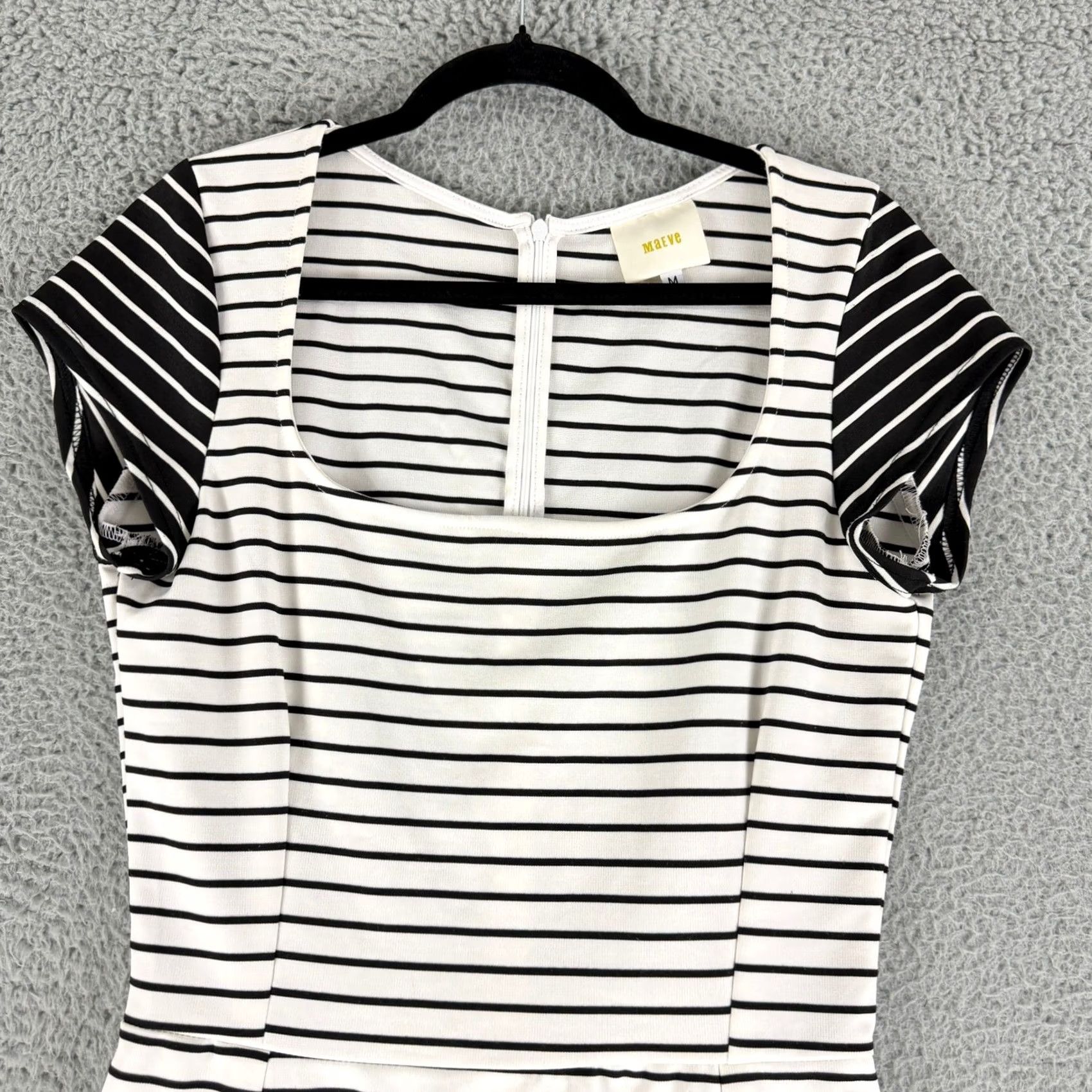 Vintage Maeve Fit Flare Dress Womens M White Striped Ruffle Square Neck Jersey Polyester Spandex Casual Workwear of-the-moment Nautical Preppy City Designer Size M / US 6-8 / IT 42-44 - 2 Thumbnail