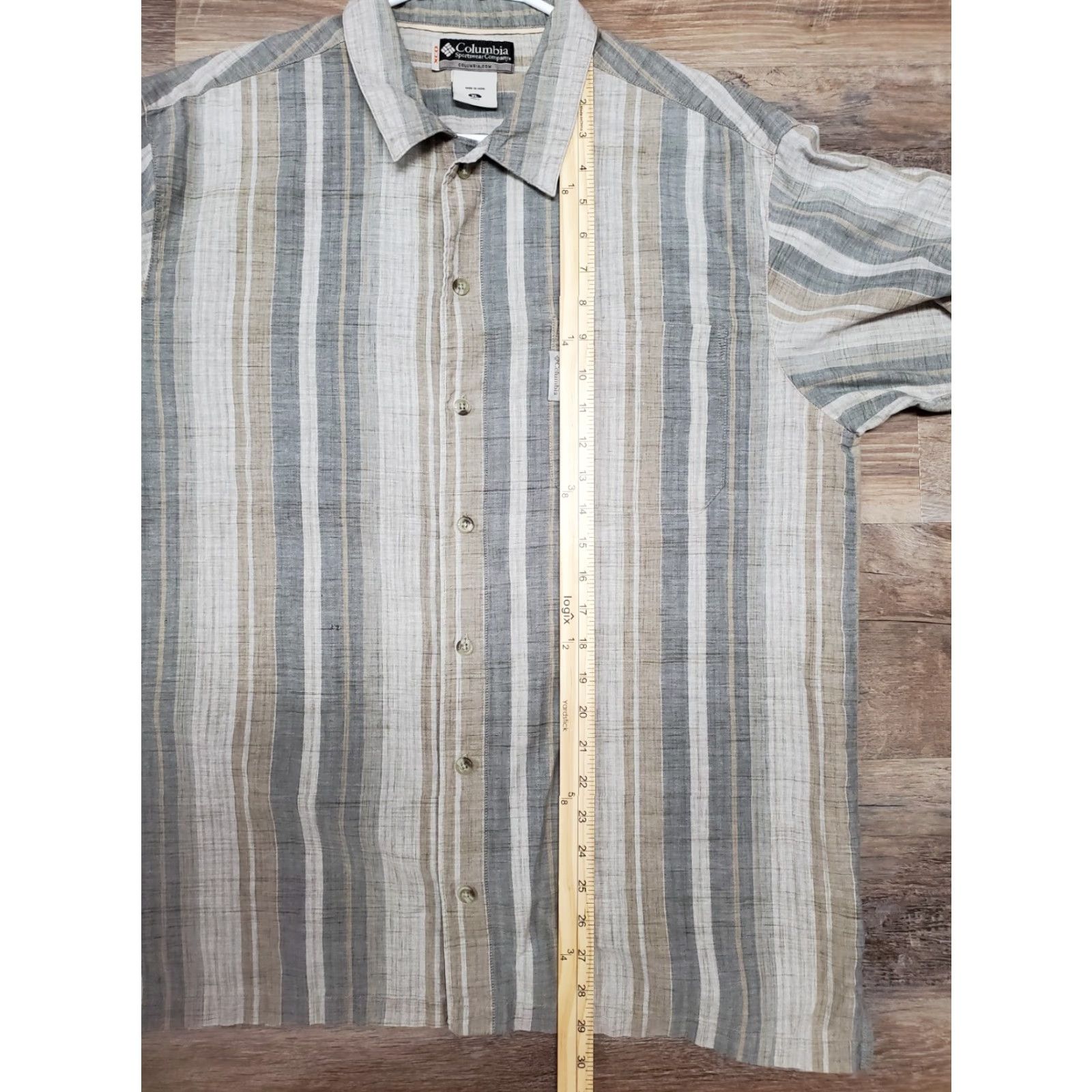 Vintage Columbia XCO Shirt Mens XL Button-Up Short Sleeve Striped Cotton Brown Gray Pocket Breathable Casual Travel Size US XL / EU 56 / 4 - 7 Thumbnail