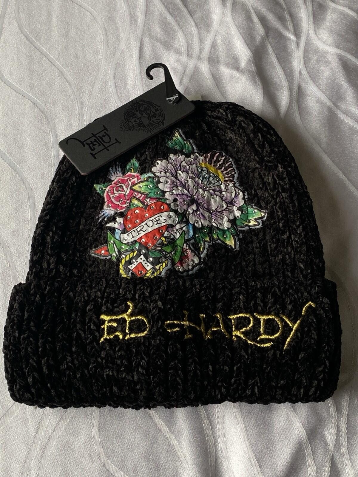 Ed Hardy NWT Ed Hardy Women’s Hat Heart And Roses Logo Black Grey Size ONE SIZE - 1 Thumbnail