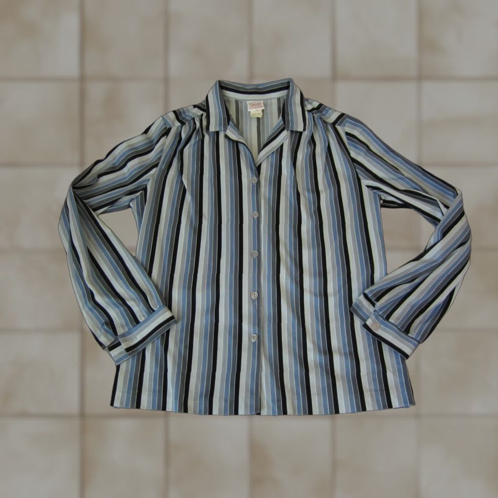 GRAFF VINTAGE Disco Shirt Womens 70s Button-Up Striped Blue Gray Polyester 70s Size 10 Womens Mens Girls Size L / US 10 / IT 46 - 1 Thumbnail