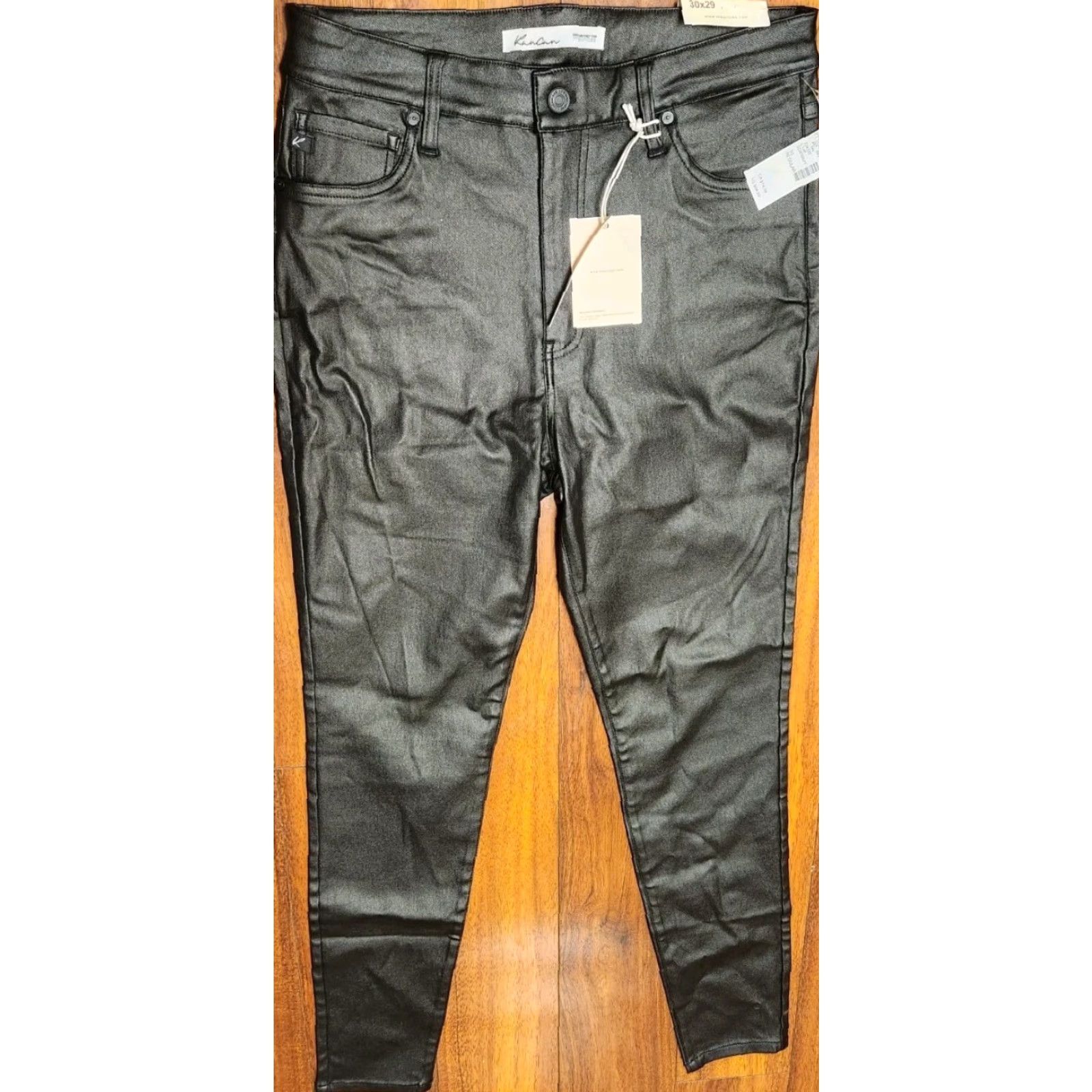 Vintage KanCan Pants Womens 30x29 Black Faux Leather Skinny High Rise Rayon NEW NWT Size 30" / US 8 / IT 44 - 3 Thumbnail