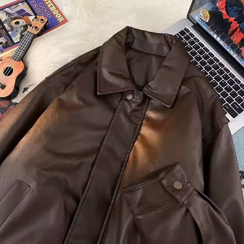 Other Streetwear Zipper PU Leather Loose Bomber Jacket Brown Size M / US 6-8 / IT 42-44 - 5 Thumbnail
