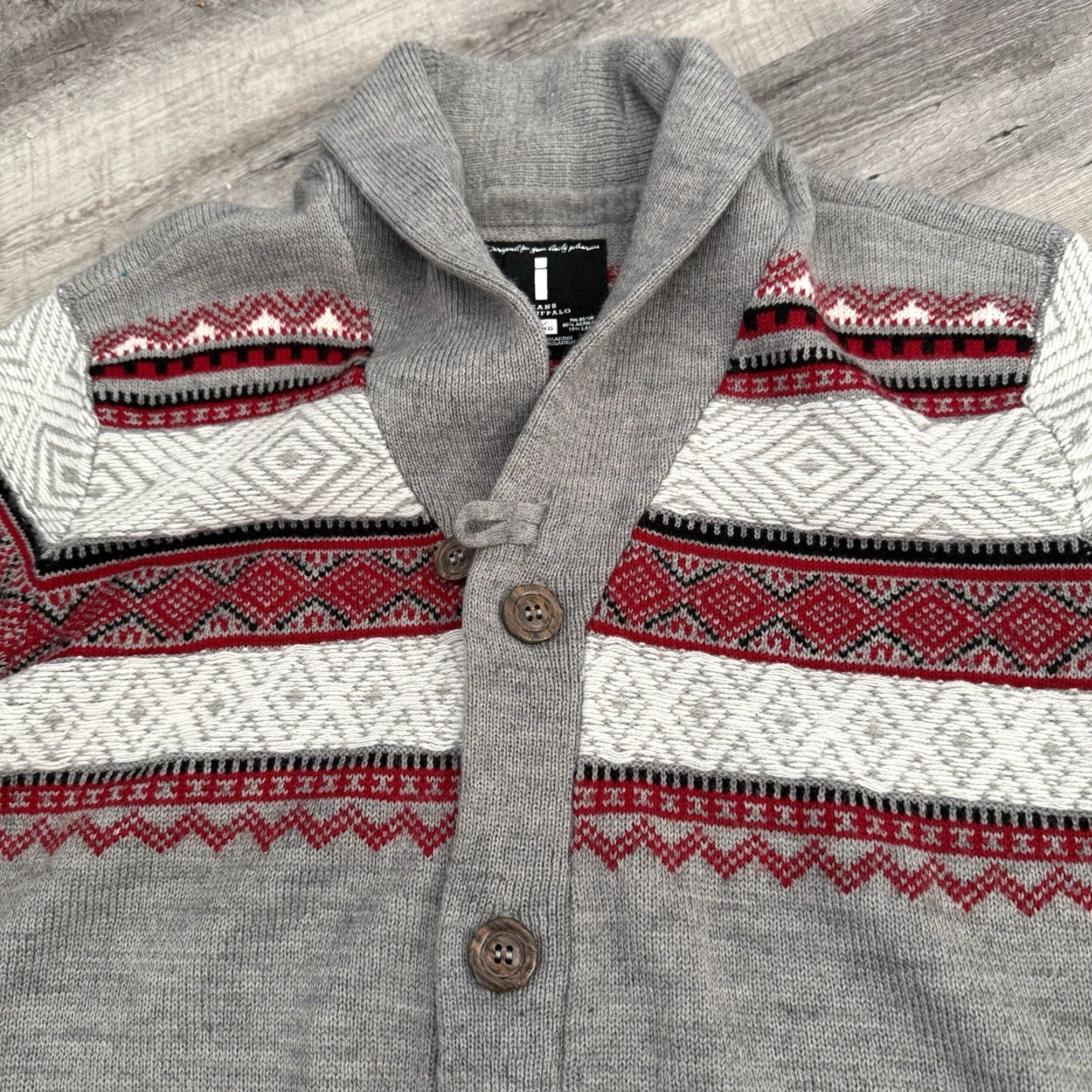 Vintage Buffalo I Jeans Cardigan Sweater Mens XL Gray Red Shawl Knit Christmas Holiday Shirt? Size US XL / EU 56 / 4 - 7 Thumbnail