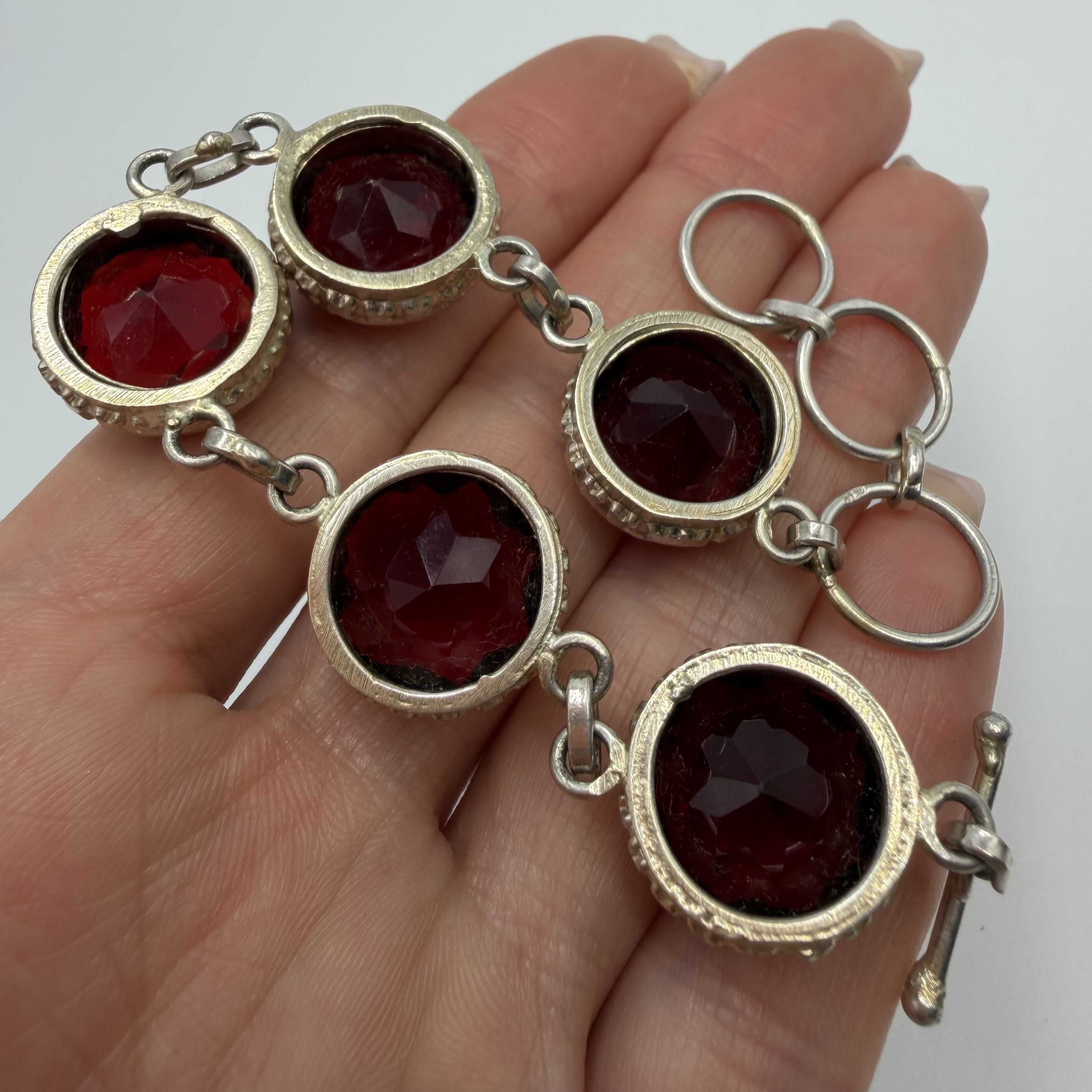 Vintage Vintage Sterling Silver 925 Red Stone Bracelet Women’s Size ONE SIZE - 2 Thumbnail