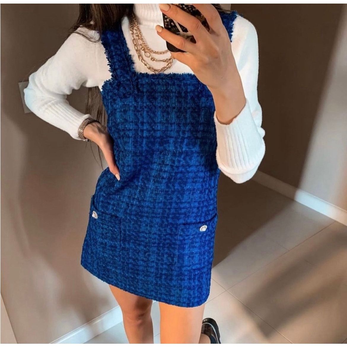 Zara ZARA BLOGGER FAVORITE TEXTURED PINAFORE DRESS BLUE Size XS / US 0-2 / IT 36-38 - 12 Thumbnail
