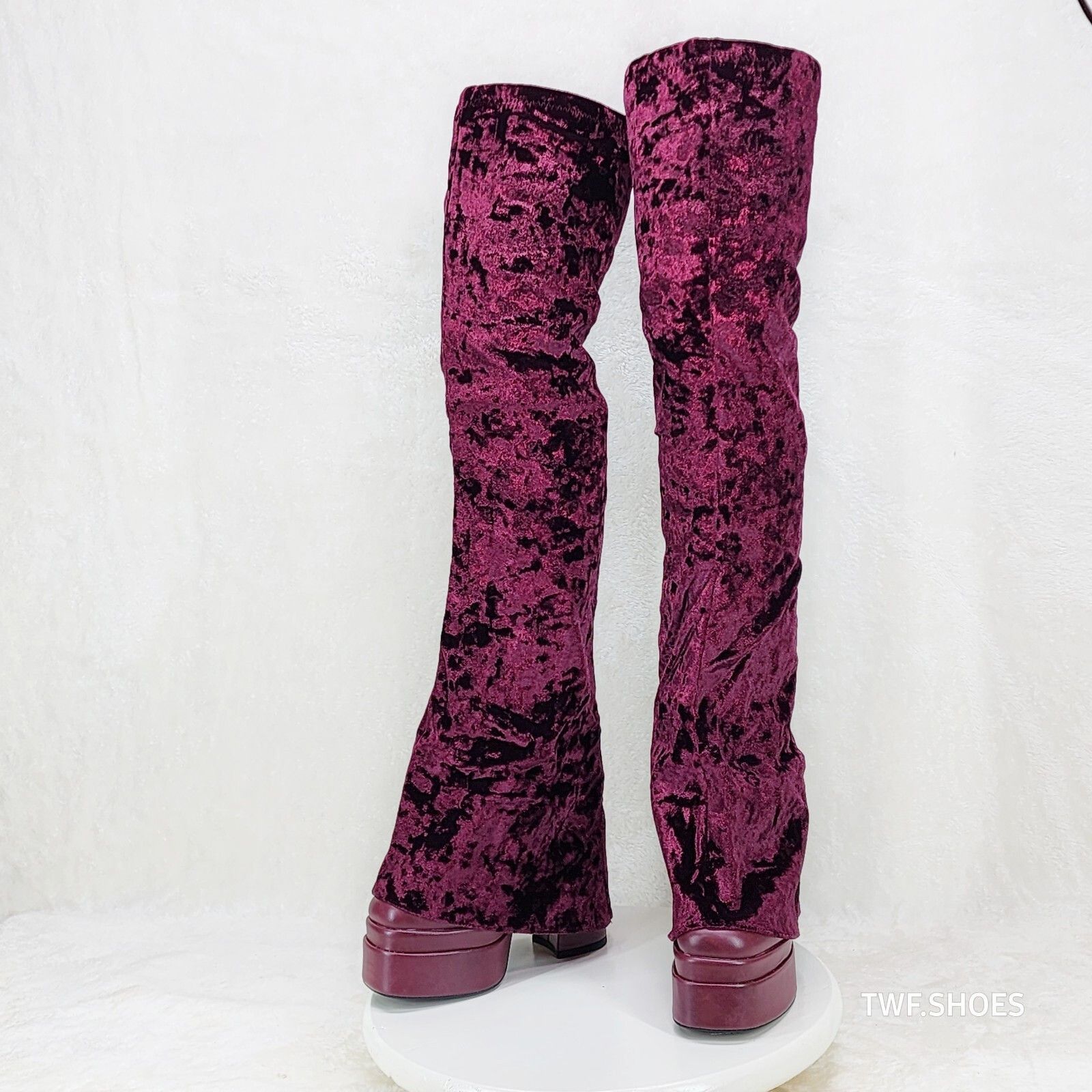 Unique Thigh High Wine Red Velvet Fold over Skirted Chunky H