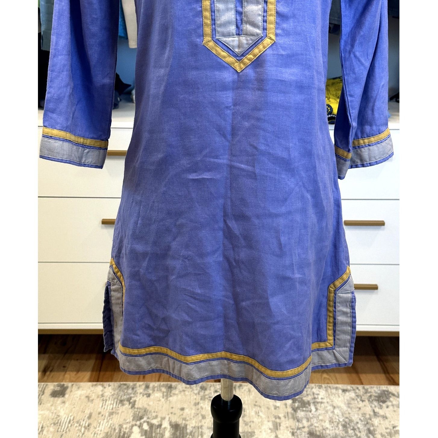 Guru Guru Purple 100% Linen V Neck 3/4 Sleeve Kurta Caftan XS Size XS / US 0-2 / IT 36-38 - 3 Thumbnail