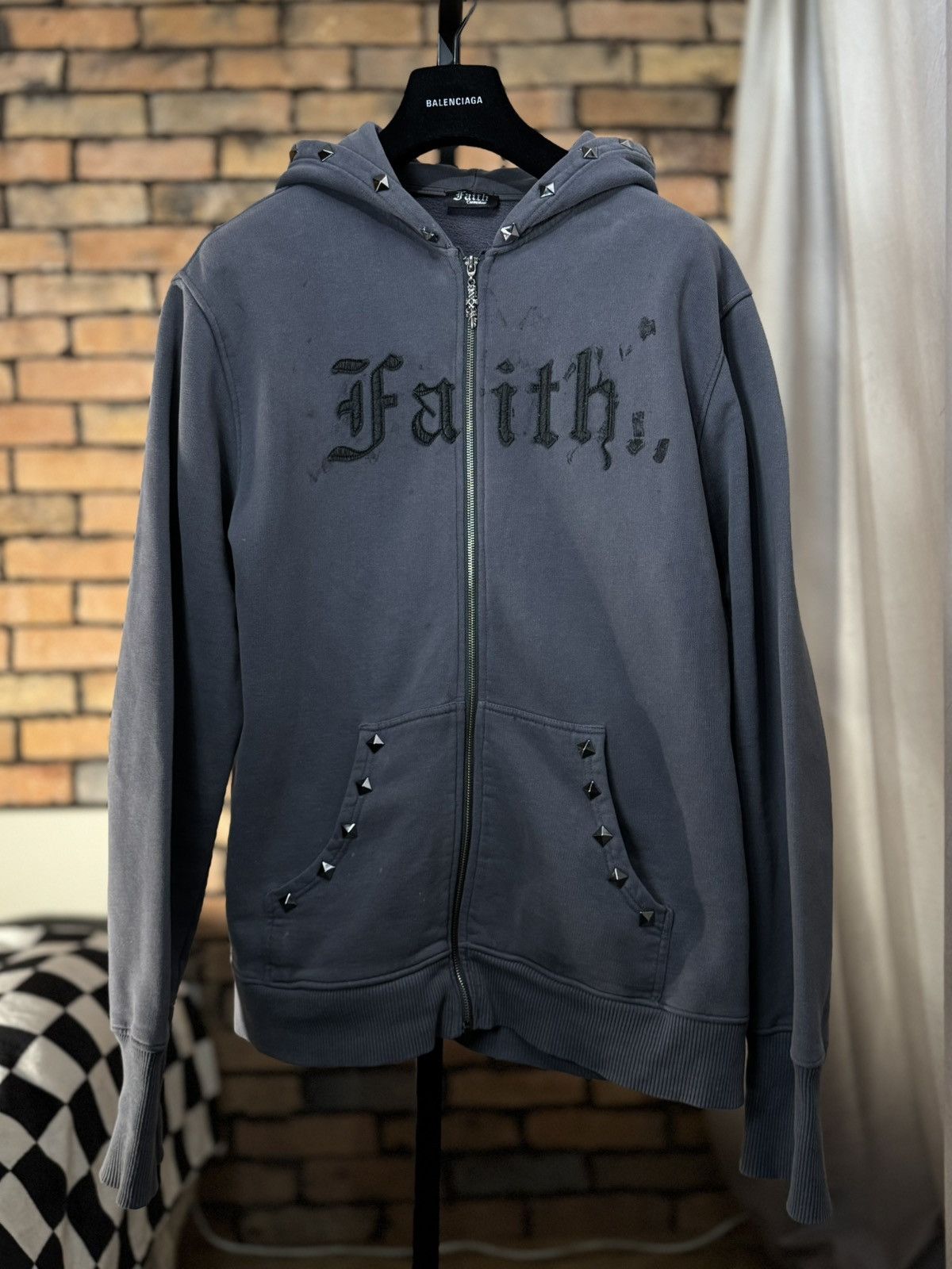 Faith Connexion $528 GOTHIC STUD HOODIE GRAY PURPLE SWEATER GOTH ROCK BAND Size US L / EU 52-54 / 3 - 1 Thumbnail