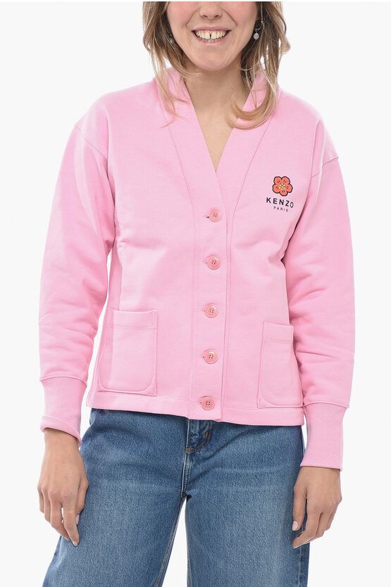 image of Kenzo Fleece Jersey Poppy Cardigan With Patch Pockets in Pink, Women's (Size Small)