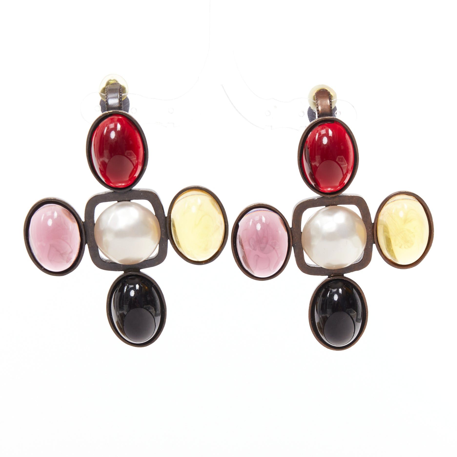 Saint Laurent Paris rare SAINT LAURENT Runway Resin Cabochon Cross aged bronze clip earrings Pair Size ONE SIZE - 1 Thumbnail